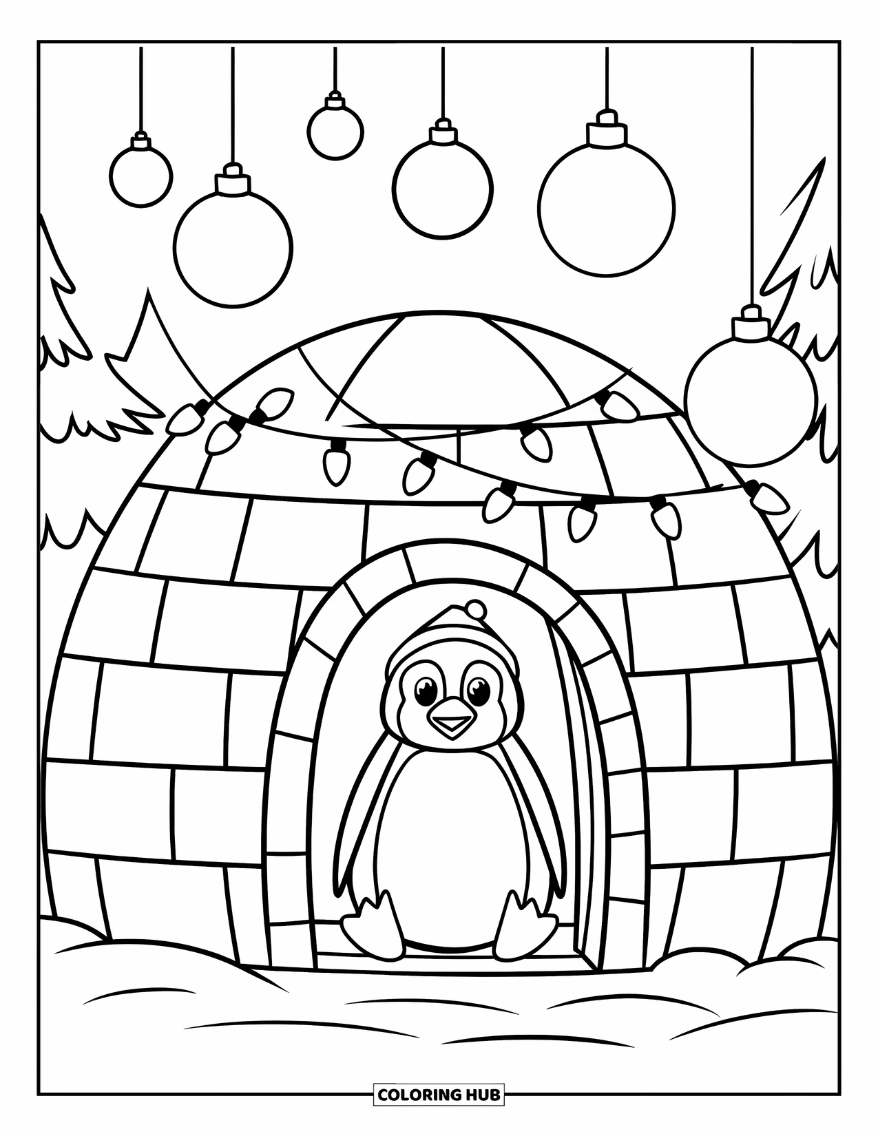 Christmas Penguin Coloring Page for Kids: A penguin sits inside a glowing igloo decorated with Christmas lights