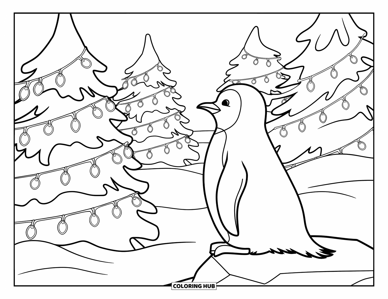 Christmas Penguin Coloring Page for Kids: A penguin sits on a rock gazing at Christmas lights on trees