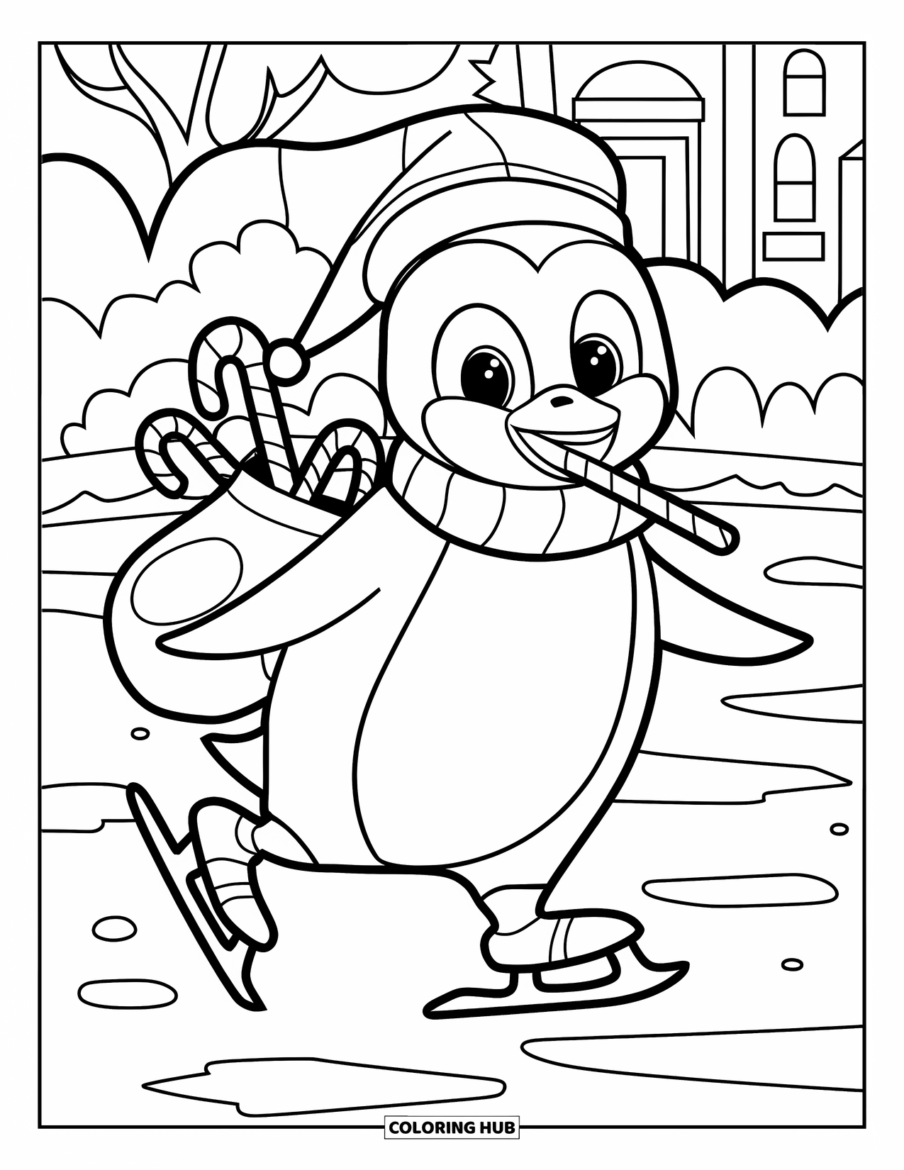 Christmas Penguin Coloring Page for Kids: A penguin skates on ice with a candy cane in its mouth