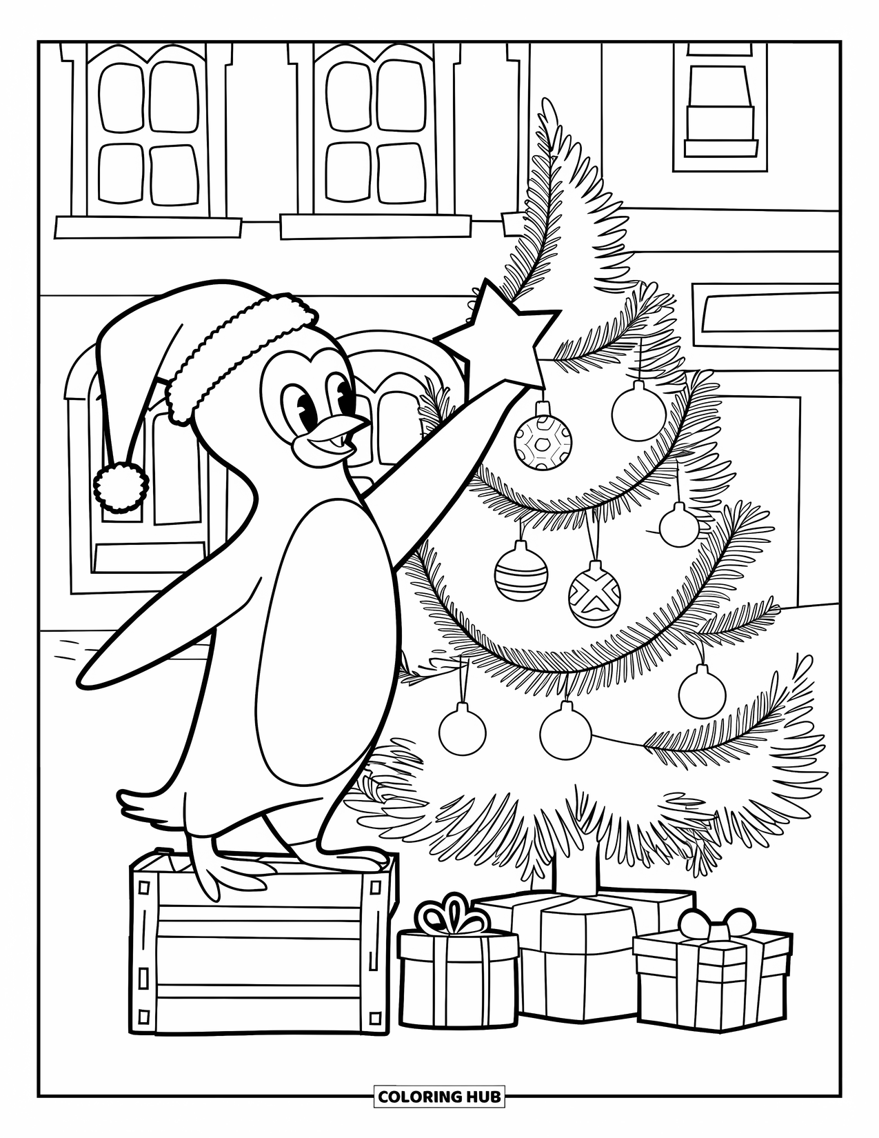 Christmas Penguin Coloring Page for Kids: A penguin stands on a crate to place a star on a small tree