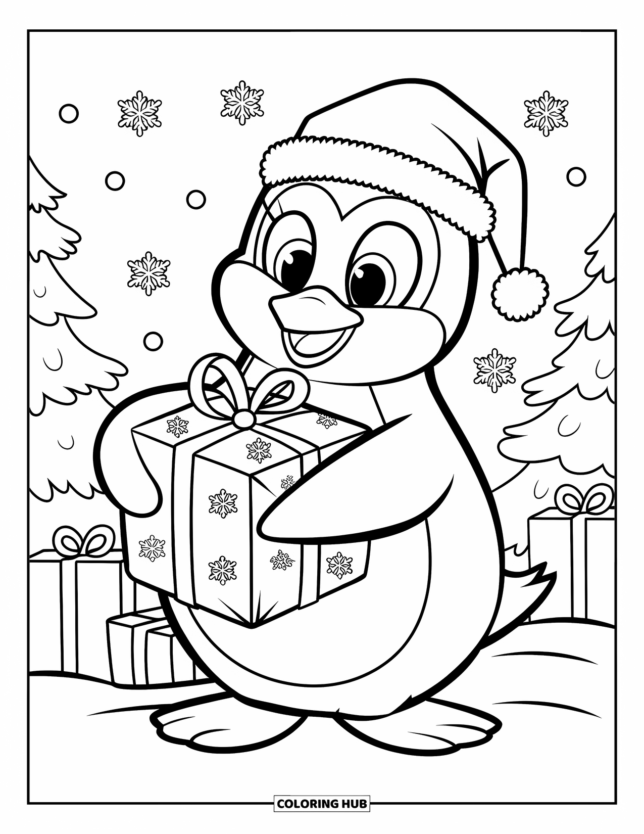 Christmas Penguin Coloring Page for Kids: A penguin with a present stands among trees and snowflakes