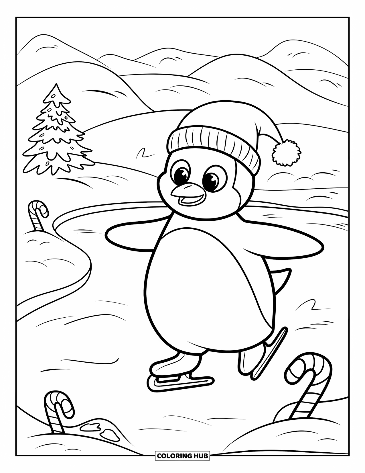 Christmas Penguin Coloring Page for Kids: A penguin with hat and gloves skates on ice near a Christmas tree