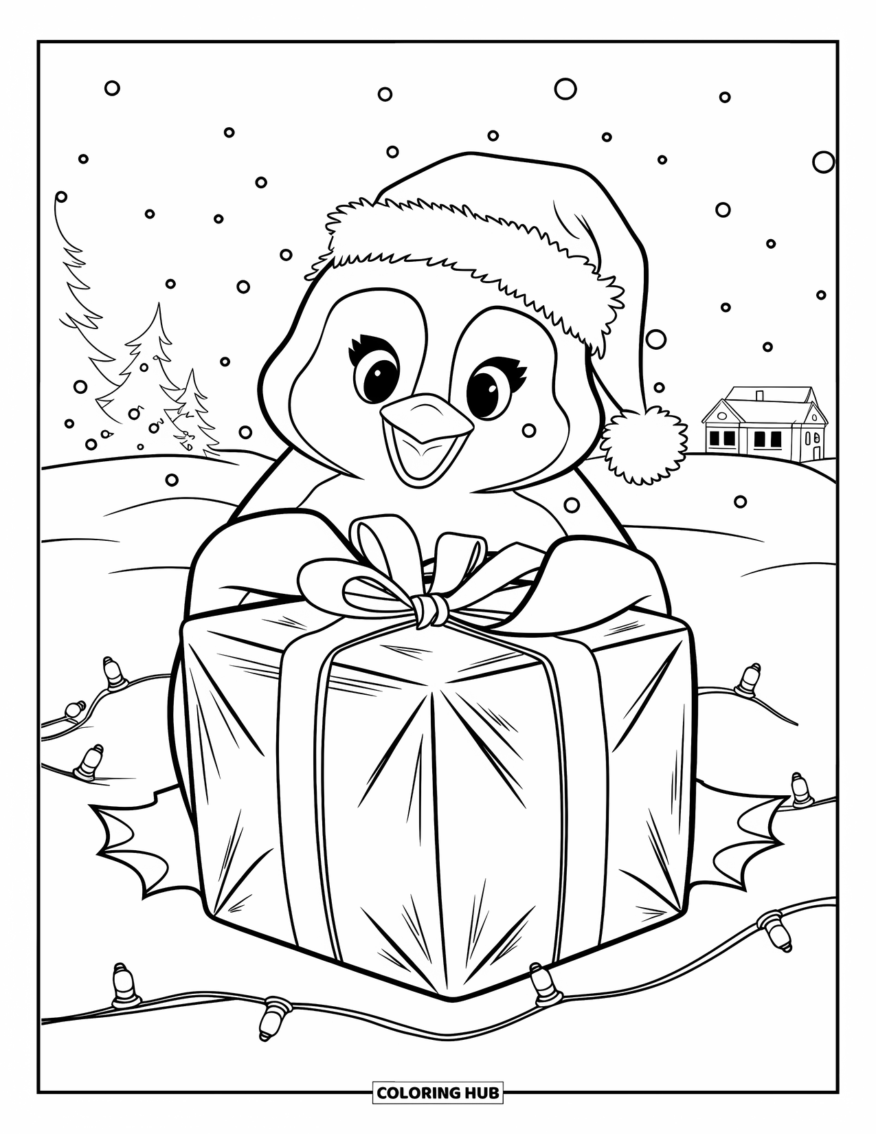 Christmas Penguin Coloring Page for Kids: A penguin with ribbons wraps a gift in a snowy landscape