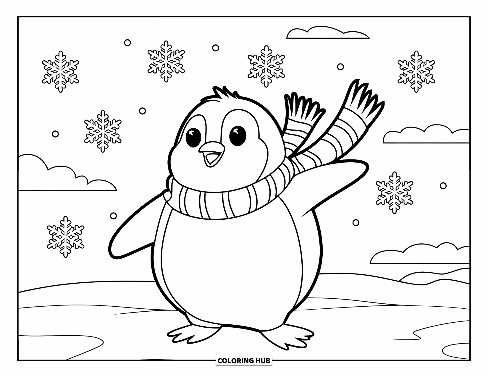 Christmas Penguin Coloring Page for Kids: A penguin with scarf catches snowflakes under clouds in a snowy field