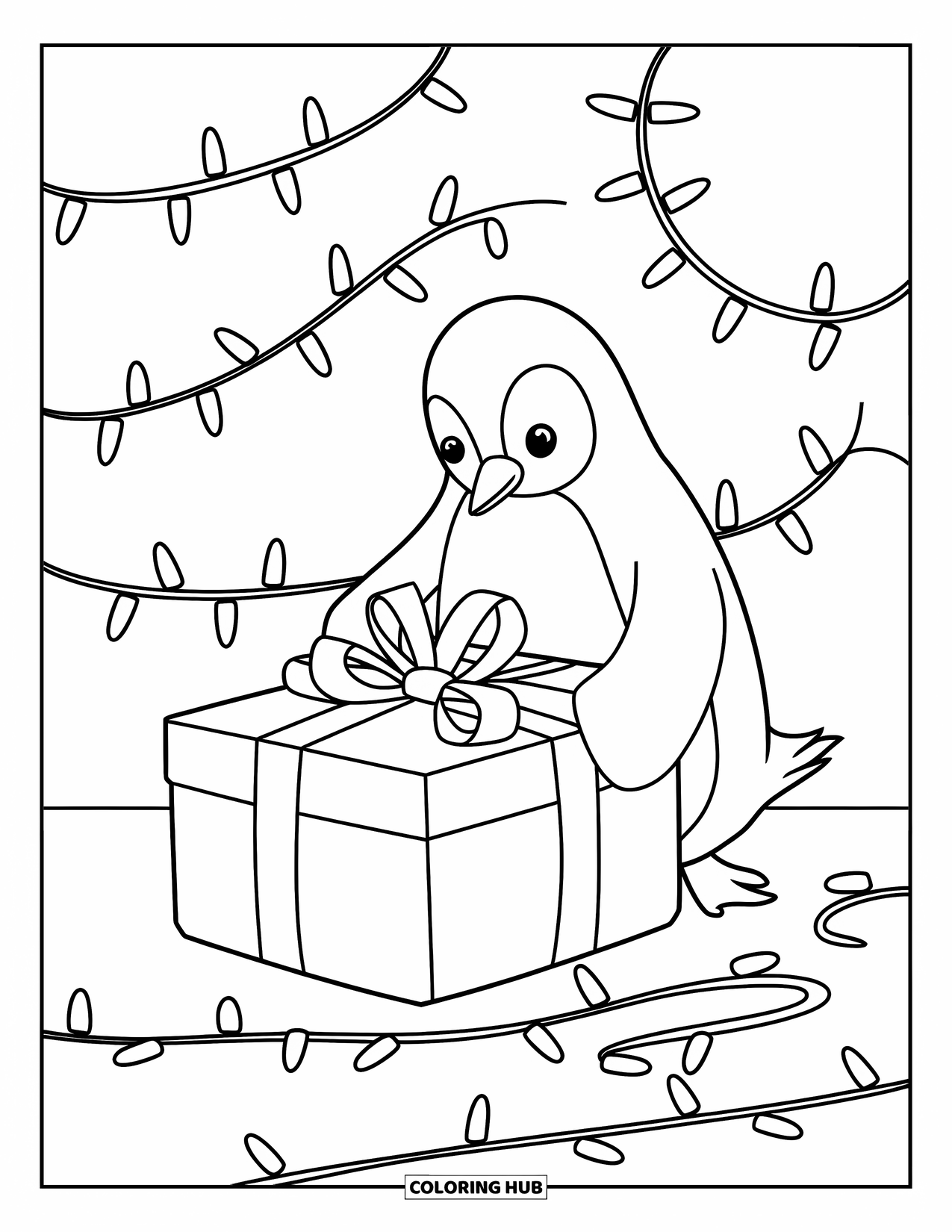 Christmas Penguin Coloring Page for Kids: A penguin wraps a gift with ribbons under glowing string lights