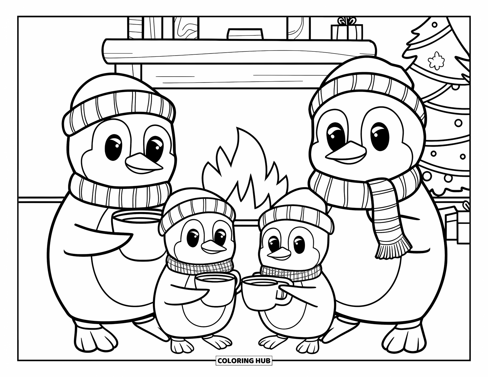 Christmas Penguin Coloring Page for Kids: Penguins in scarves sip cocoa near a rustic Christmas fireplace