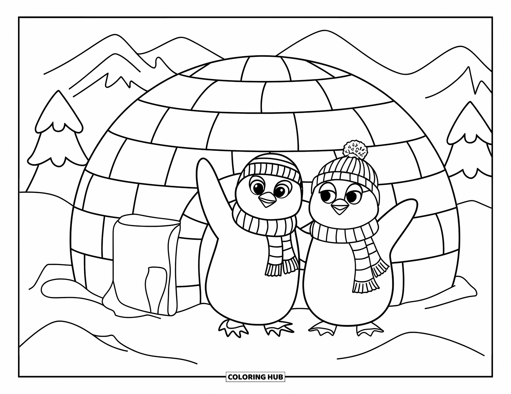 Christmas Penguin Coloring Page for Kids: Two penguins in scarves take a snowy selfie by an igloo
