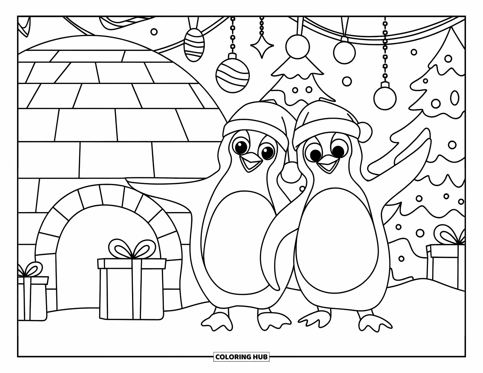 Christmas Penguin Coloring Page for Kids: Two penguins take a snowy selfie near an igloo with trees and presents