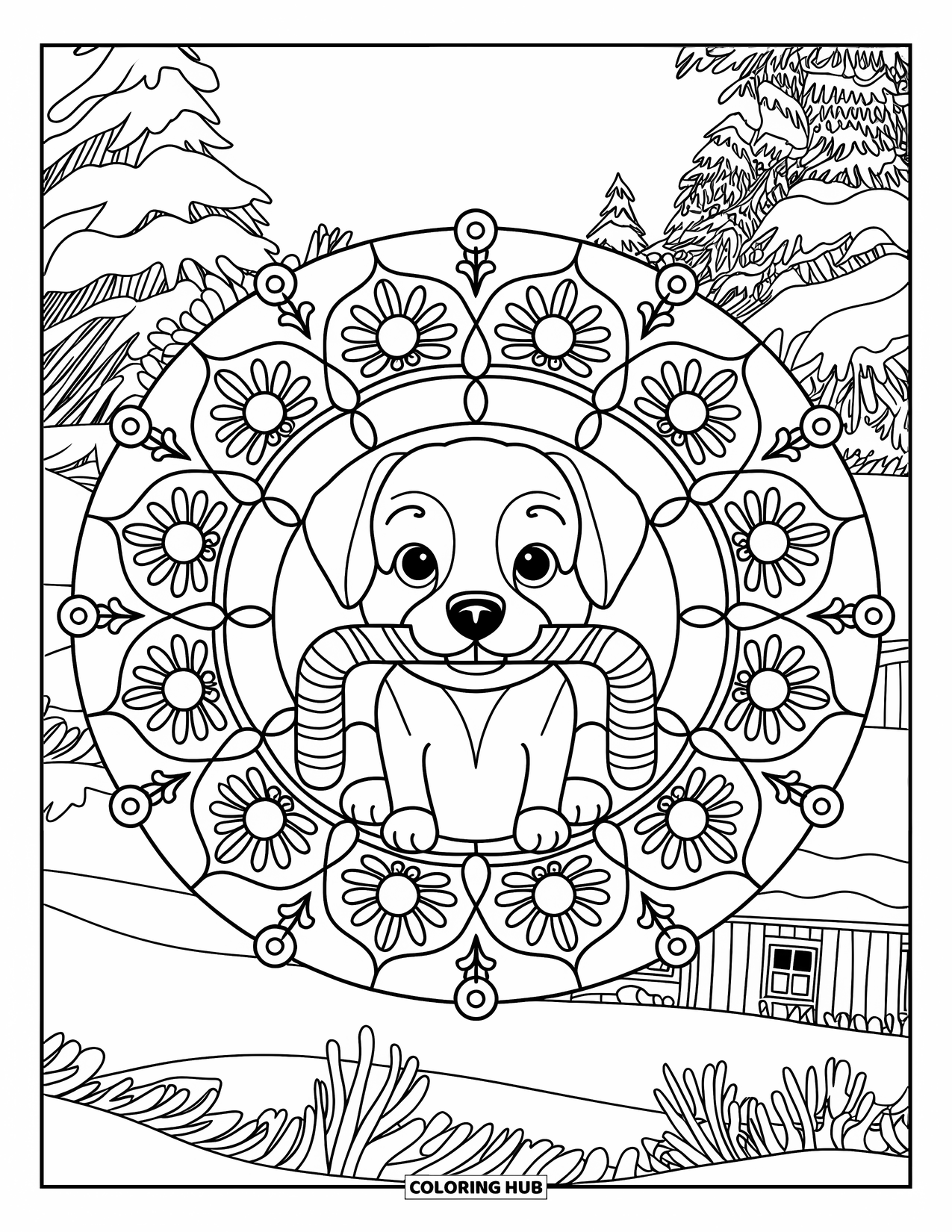 Christmas Puppy Coloring Page for Adults: A candy-cane puppy rests in a floral mandala with snowy trees nearby
