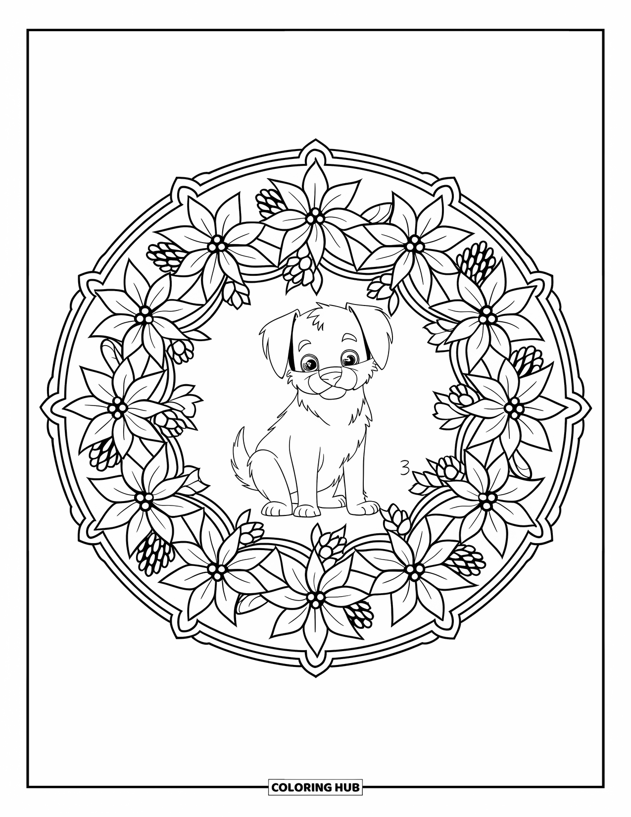 Christmas Puppy Coloring Page for Adults: A Christmas puppy sits in the middle of a mandala of poinsettias