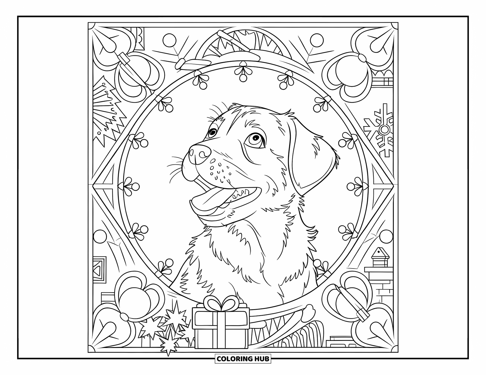Christmas Puppy Coloring Page for Adults: A joyful puppy gazes upward in a frame of bells and snowflakes