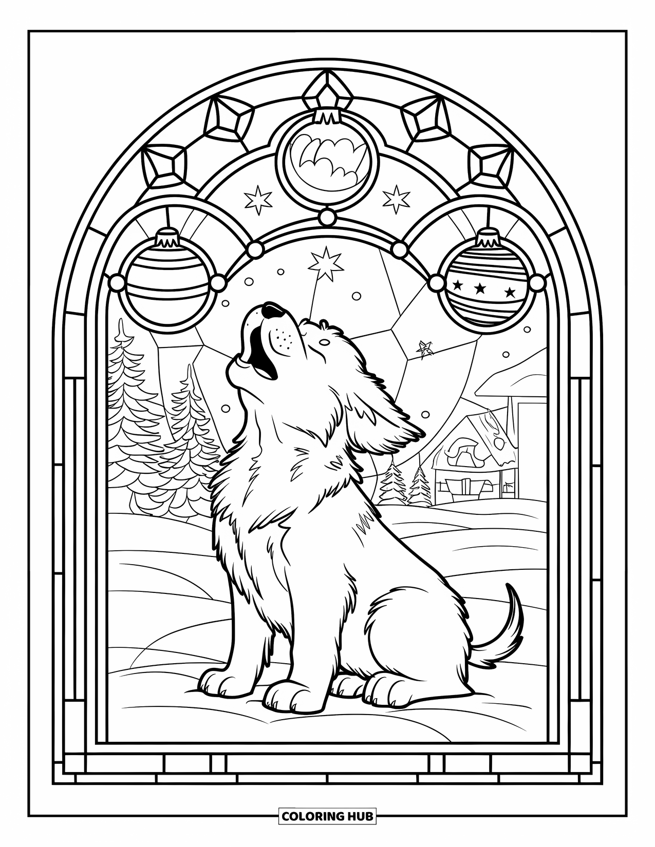 Christmas Puppy Coloring Page for Adults: A joyful puppy howls inside a stained glass of stars and ornaments