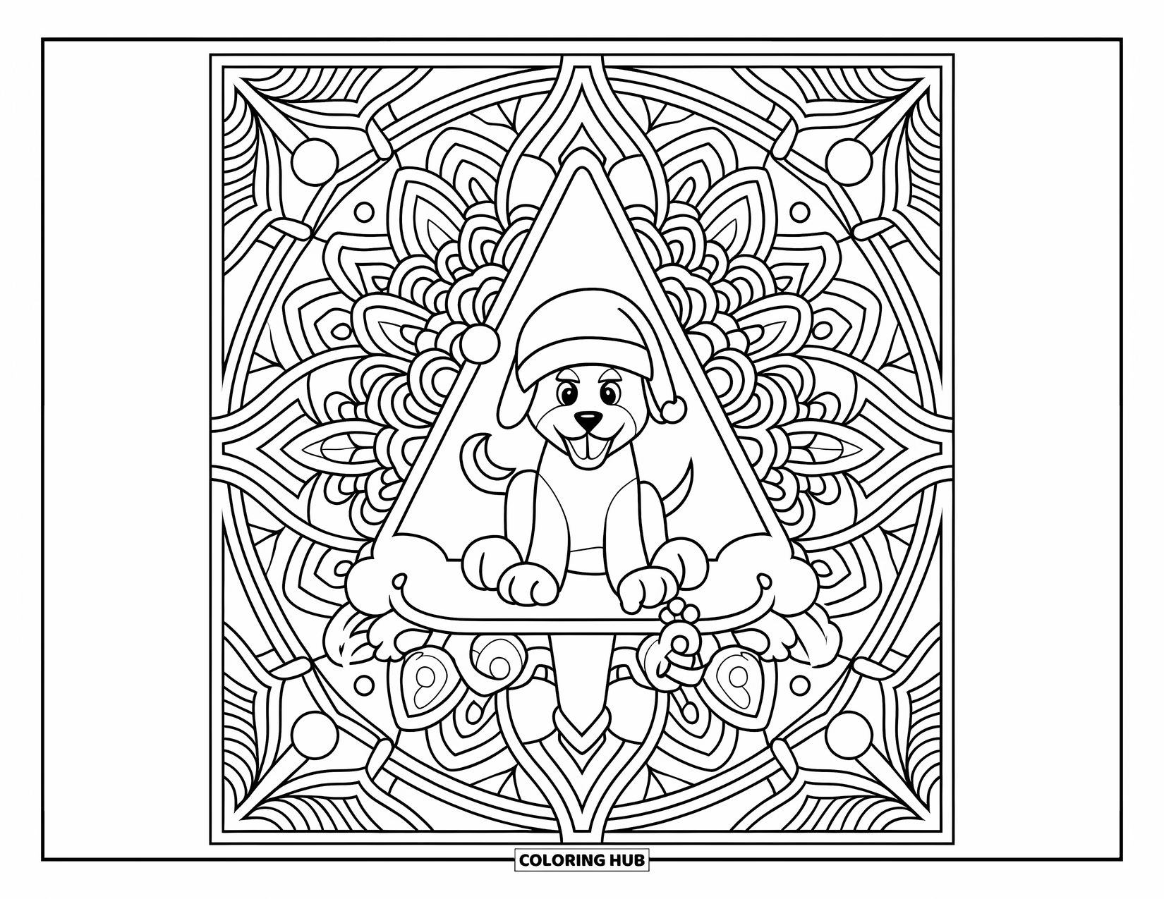 Christmas Puppy Coloring Page for Adults: A playful puppy sits at the center of a festive Christmas tree mandala