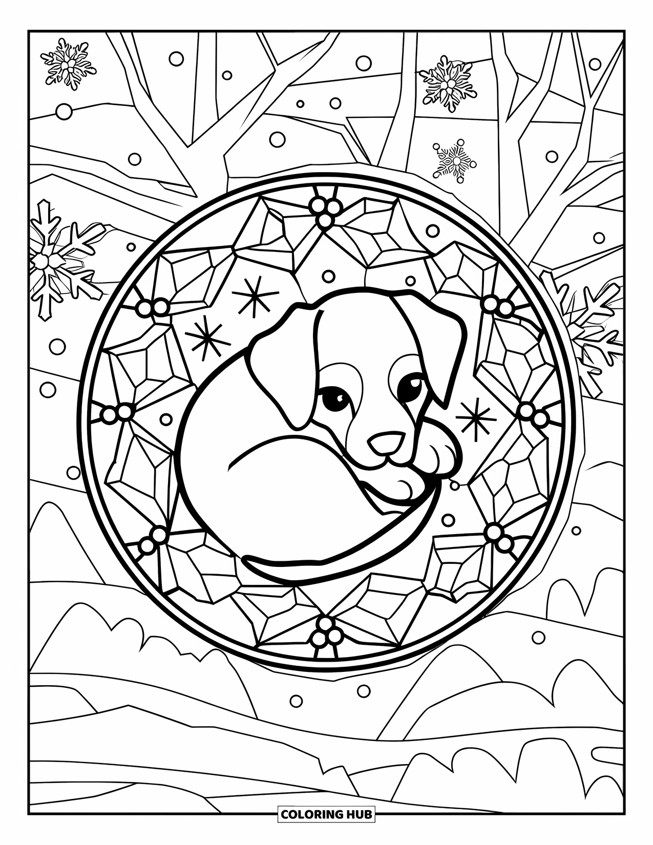 Christmas Puppy Coloring Page for Adults: A puppy curls up inside a stained glass circle of holly and snowflakes