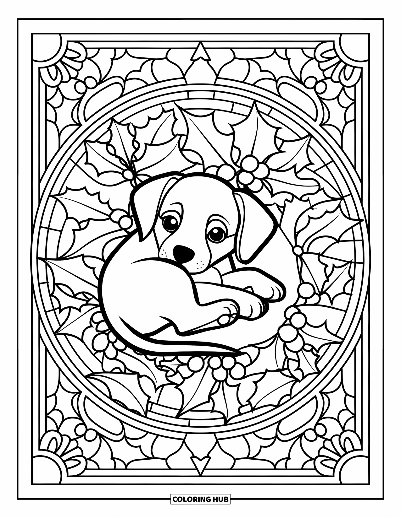 Christmas Puppy Coloring Page for Adults: A puppy curls within holly and snowflake stained glass surrounded by borders