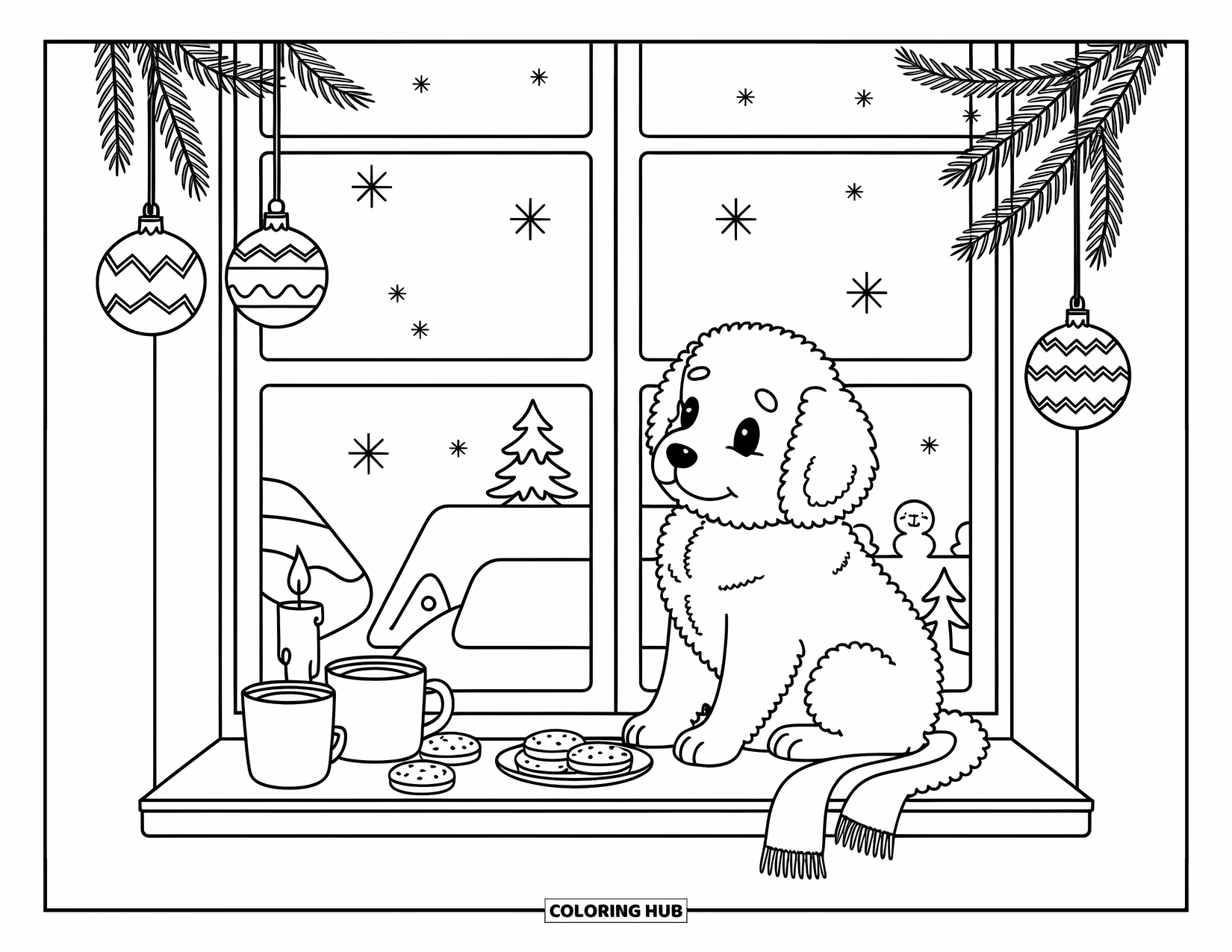 Christmas Puppy Coloring Page for Adults: A puppy gazes at falling snow with cocoa and cookies nearby