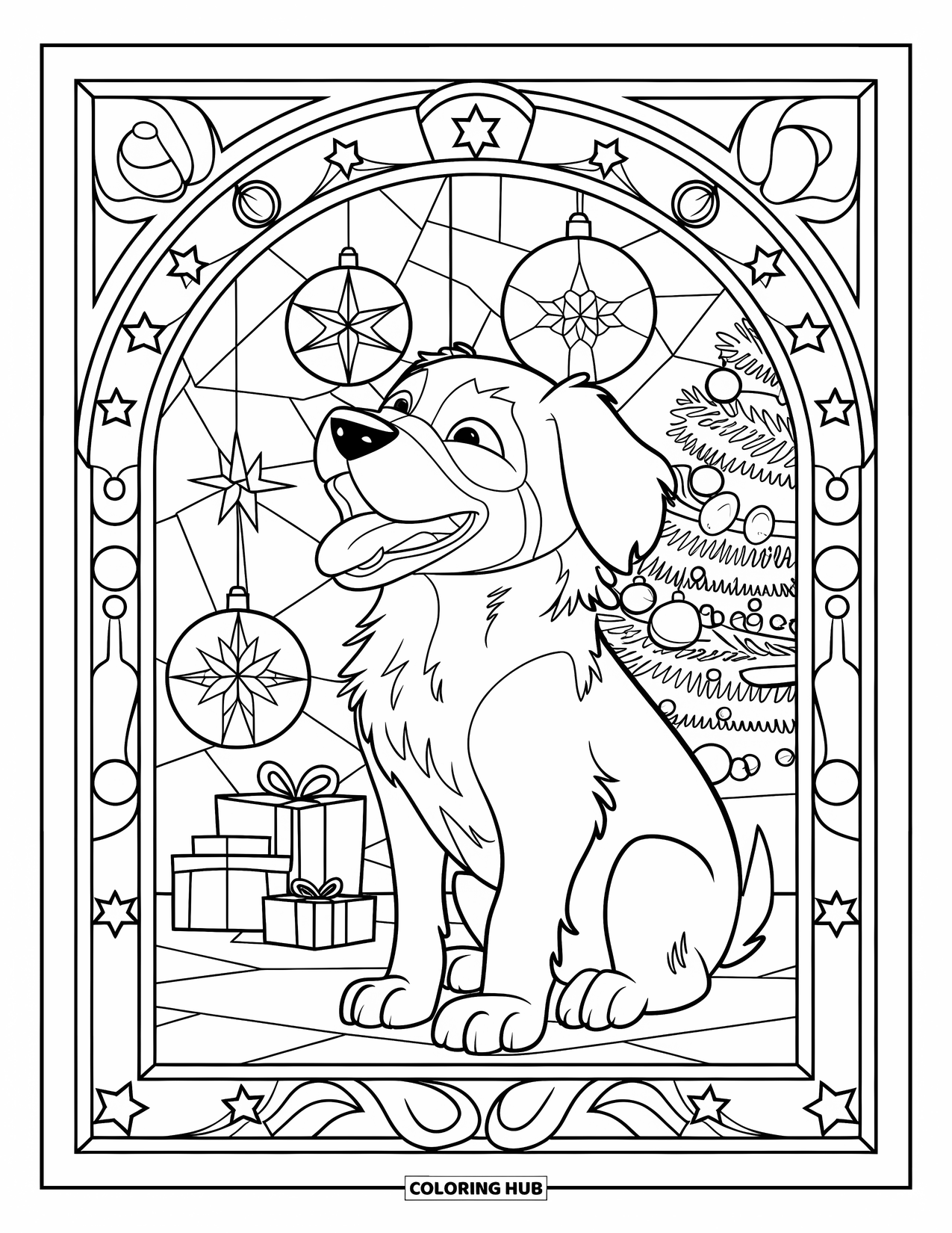 Christmas Puppy Coloring Page for Adults: A puppy howls beside a Christmas tree framed by stained glass stars