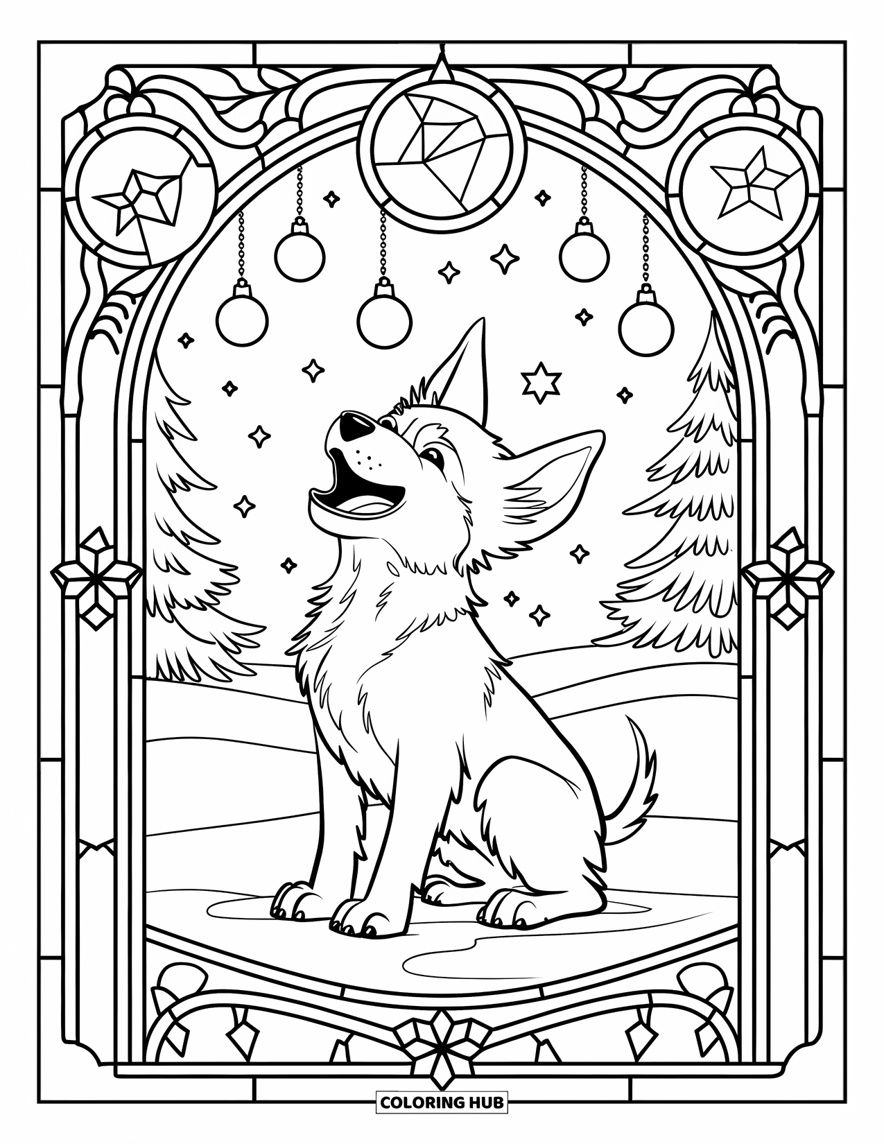 Christmas Puppy Coloring Page for Adults: A puppy howls happily inside a stained glass design of stars