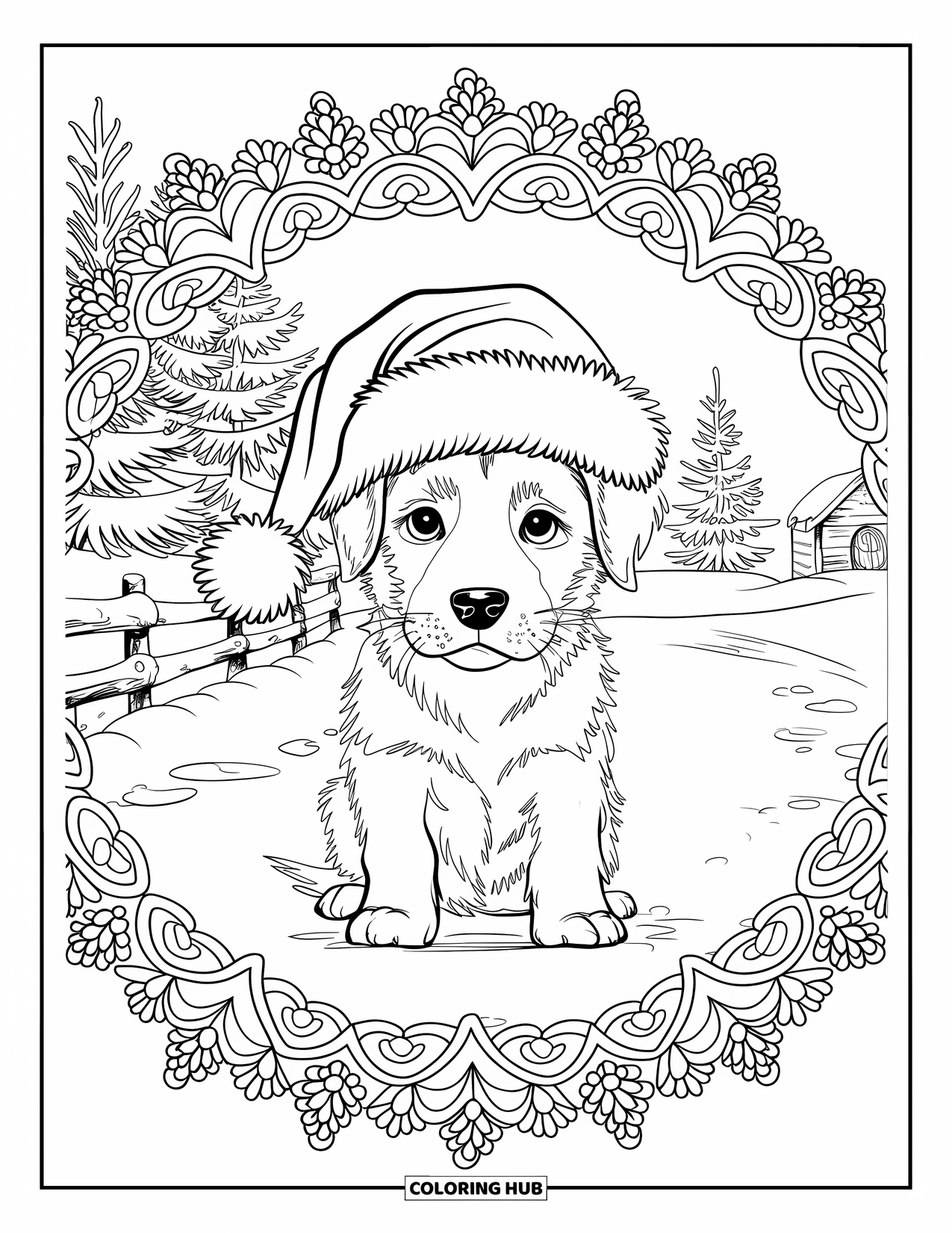 Christmas Puppy Coloring Page for Adults: A puppy in a Santa hat sits framed by trees and a rustic fence
