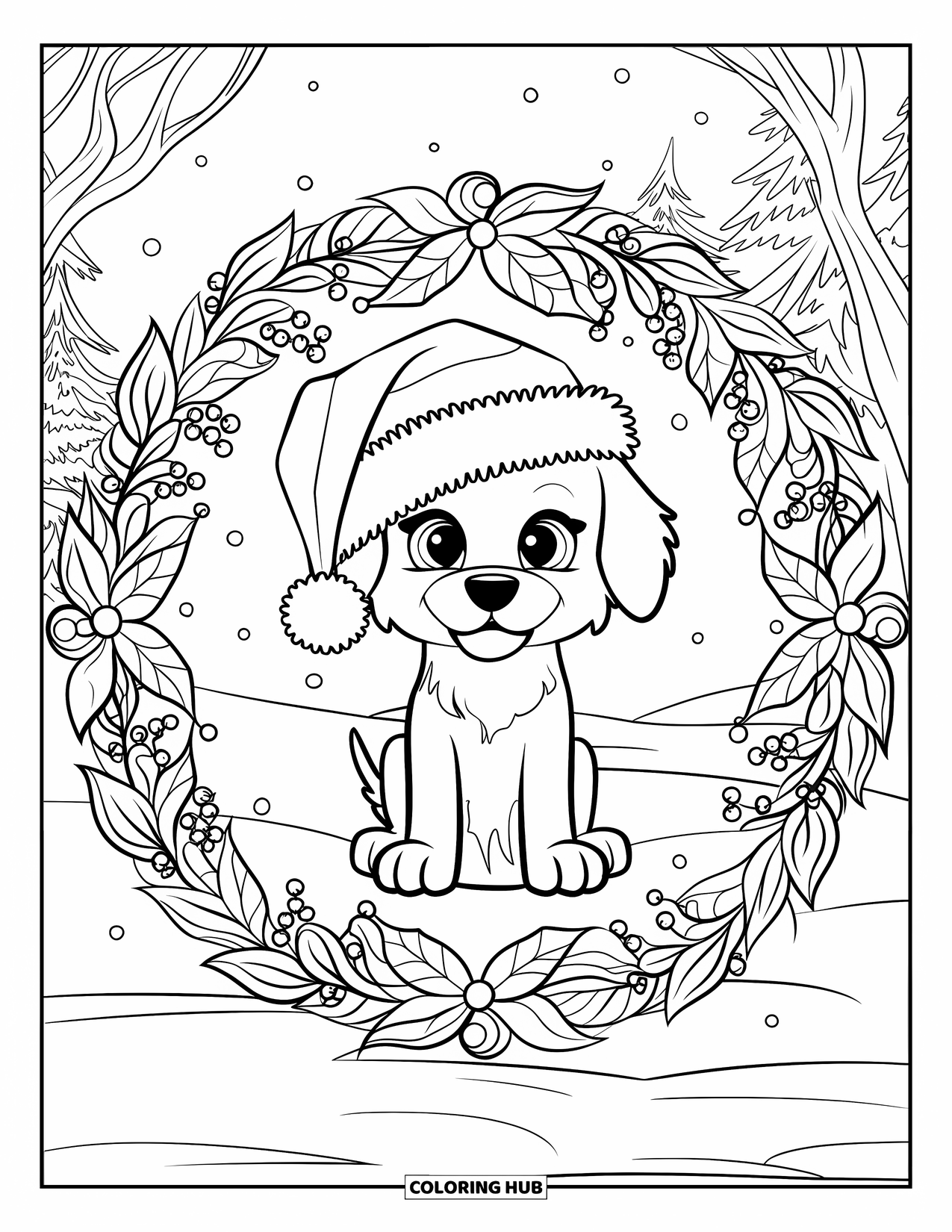 Christmas Puppy Coloring Page for Adults: A puppy in a Santa hat sits inside a festive wreath mandala