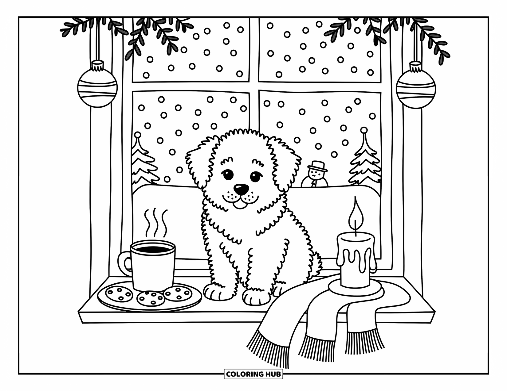 Christmas Puppy Coloring Page for Adults: A puppy looks out a snowy window with cocoa, cookies, and a candle