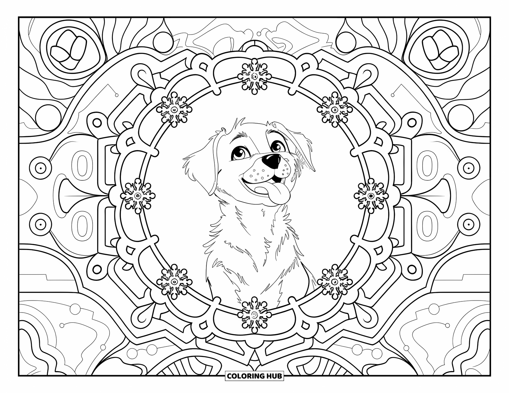 Christmas Puppy Coloring Page for Adults: A puppy looks up happily, surrounded by bells and snowflake designs