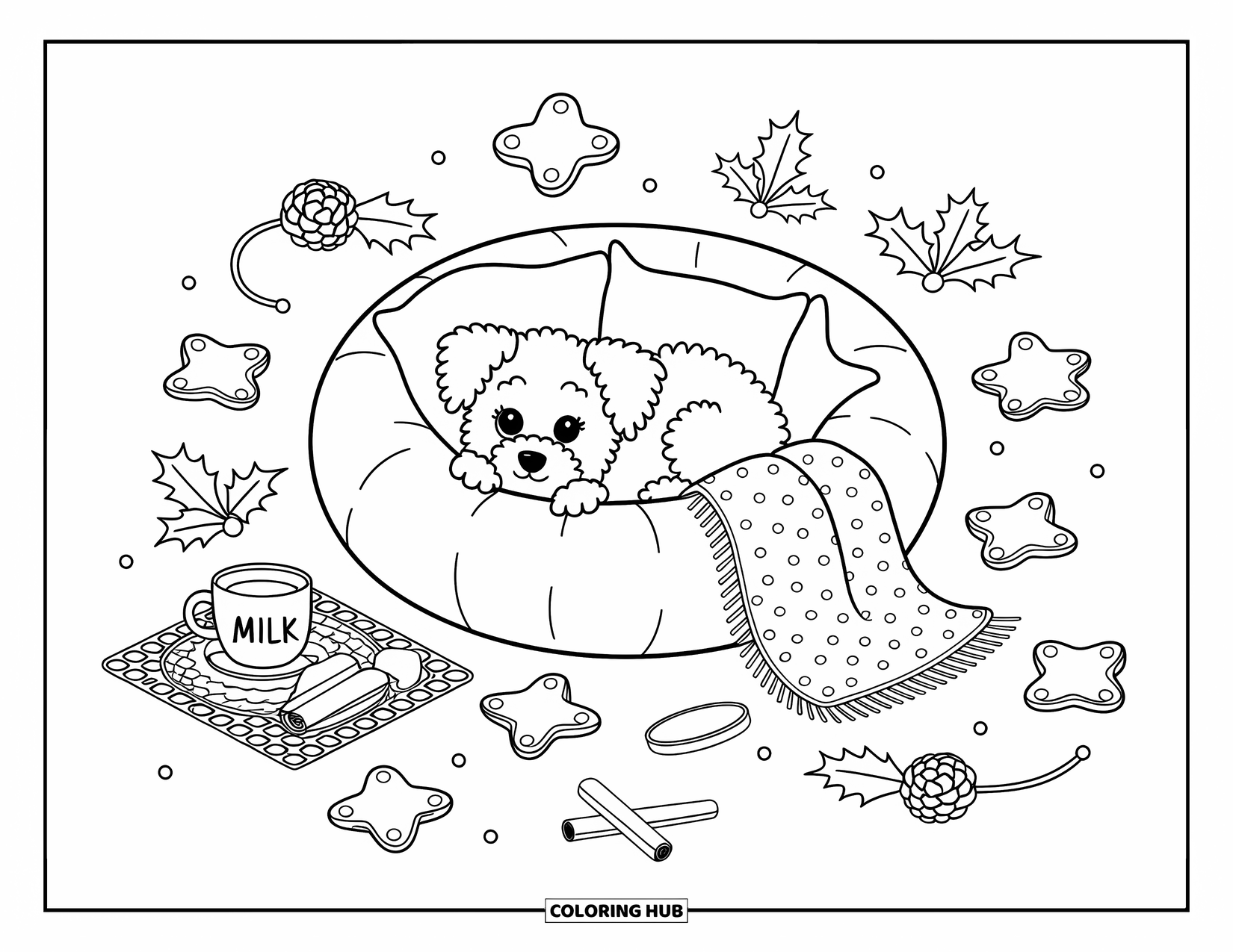 Christmas Puppy Coloring Page for Adults: A puppy naps in a cozy bed with cookies and holiday lights nearby