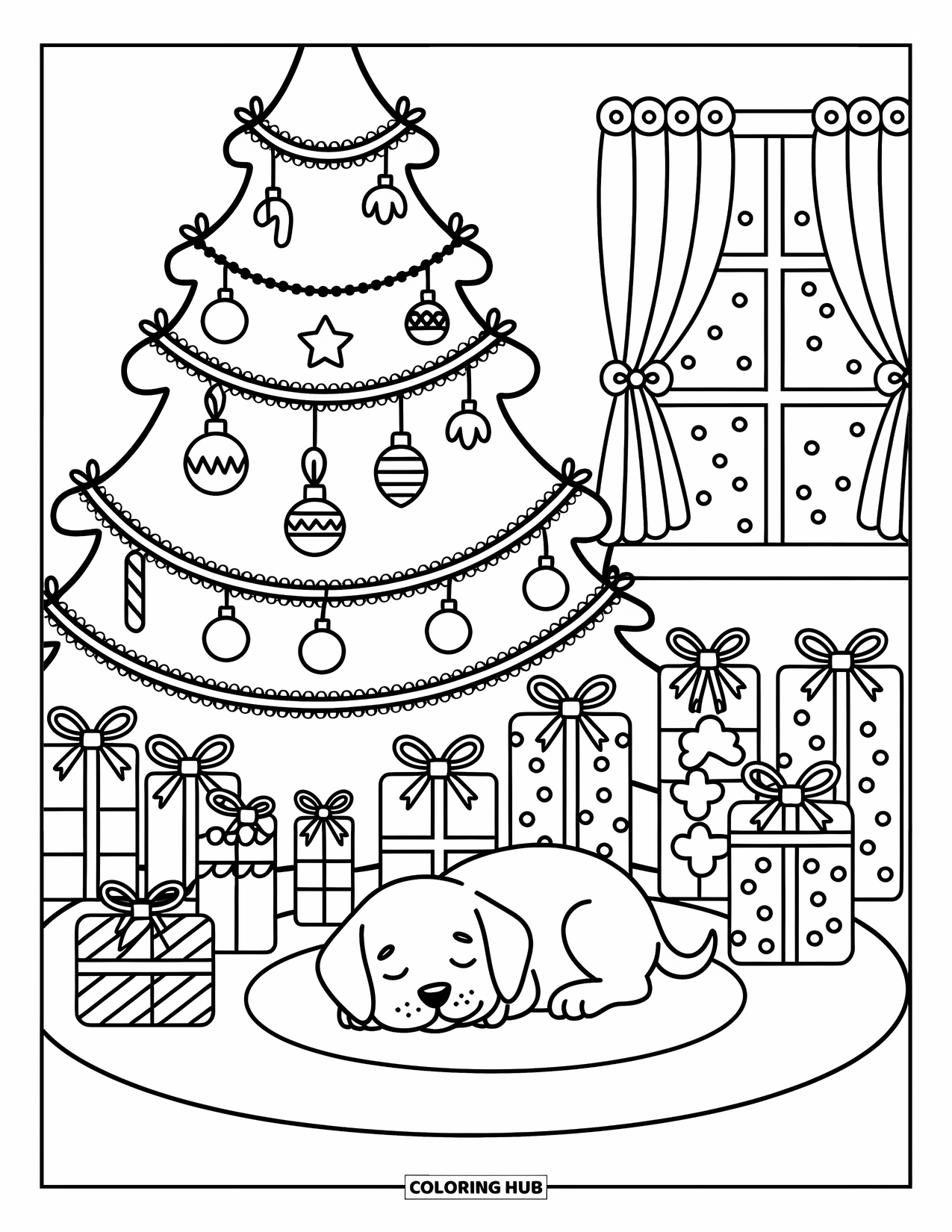 Christmas Puppy Coloring Page for Adults: A puppy naps under a decorated tree surrounded by playful gifts