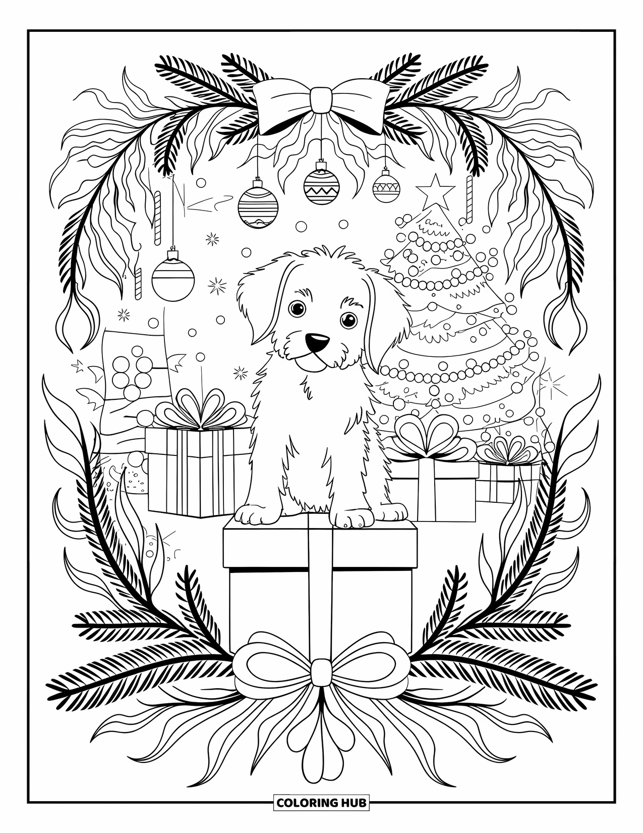 Christmas Puppy Coloring Page for Adults: A puppy on a gift box is framed by mistletoe and Christmas trees
