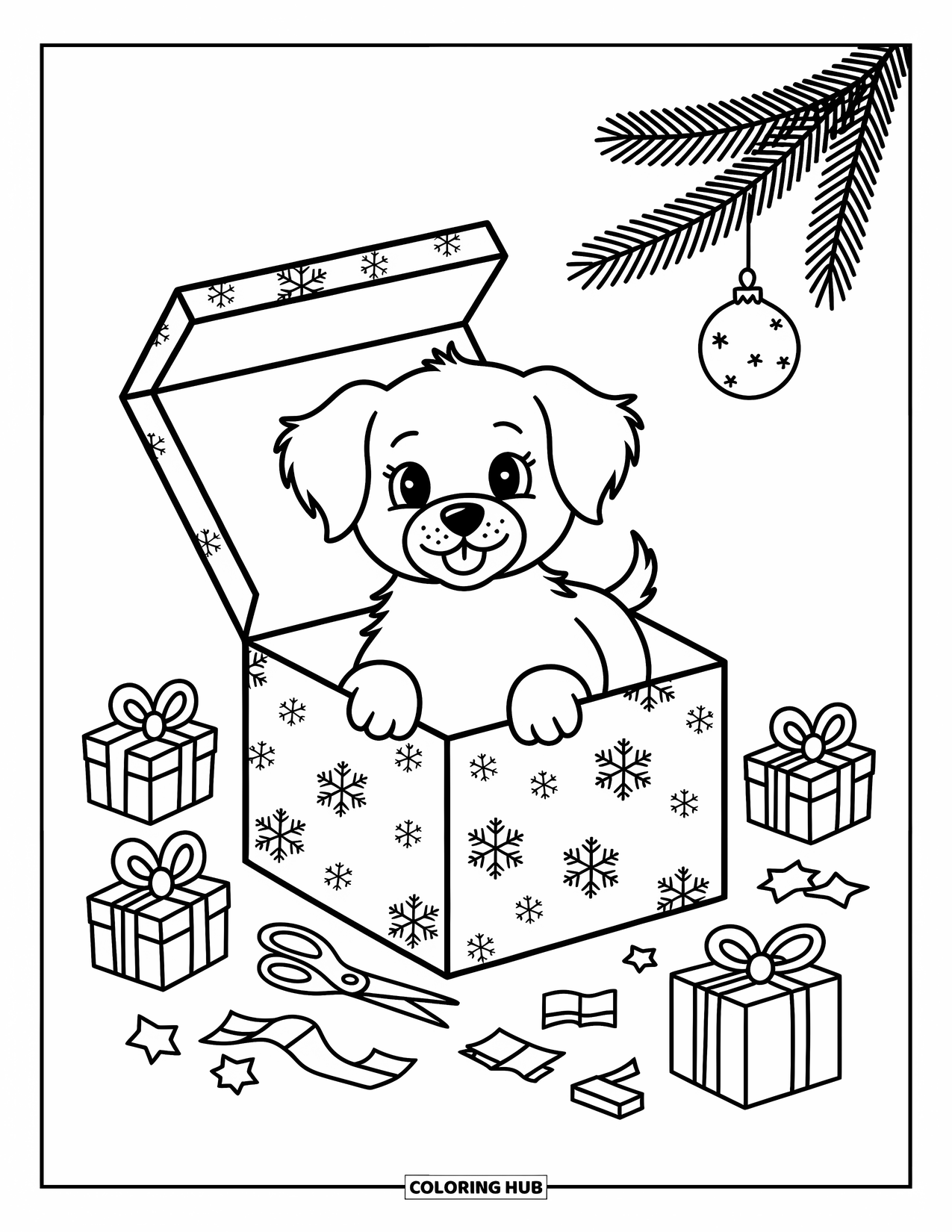 Christmas Puppy Coloring Page for Adults: A puppy pops out of an open gift box with torn wrapping around