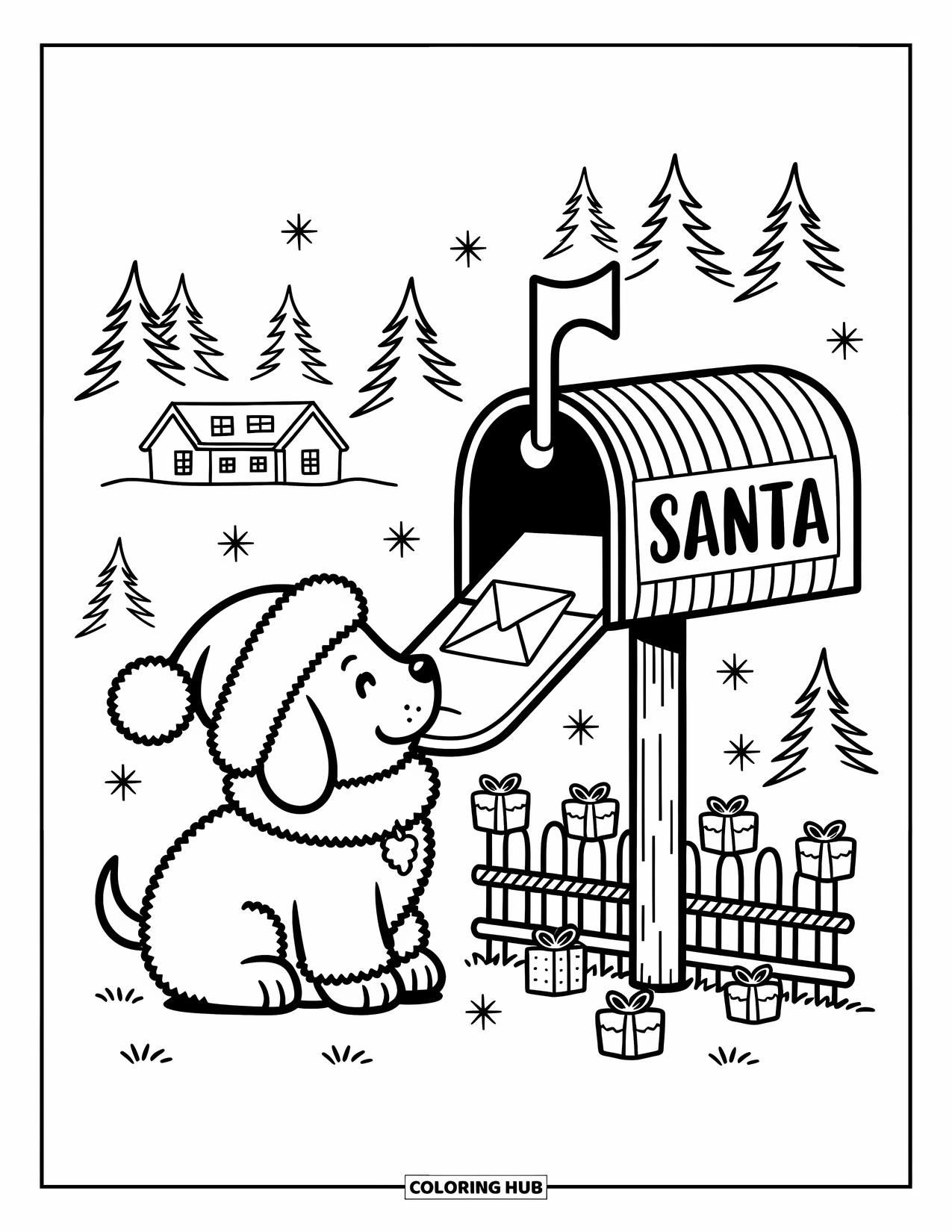 Christmas Puppy Coloring Page for Adults: A puppy posts a Santa letter beside gifts, a fence, and pine trees
