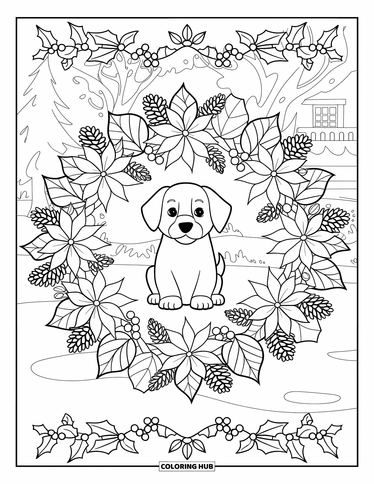 Christmas Puppy Coloring Page for Adults: A puppy rests in a poinsettia mandala framed with holly and berries