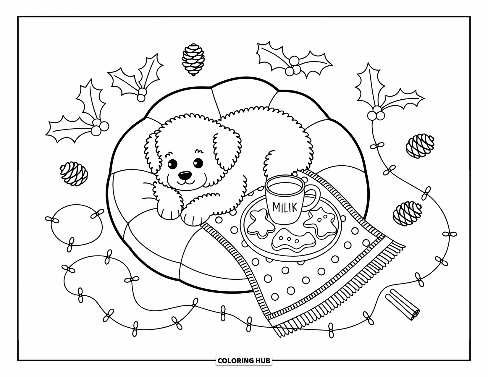Christmas Puppy Coloring Page for Adults: A puppy rests in a round bed surrounded by cookies and cinnamon sticks