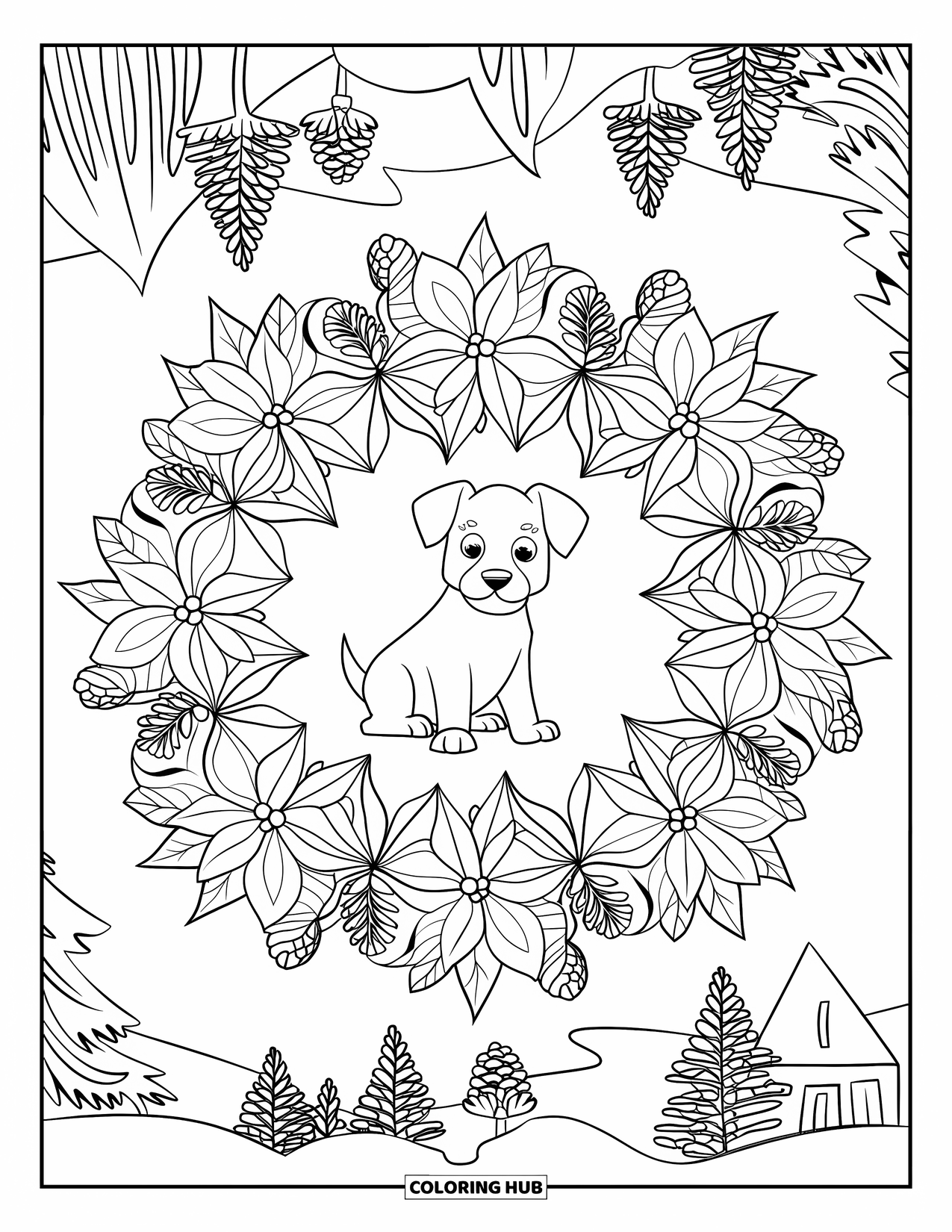 Christmas Puppy Coloring Page for Adults: A puppy sits at the center of a botanical mandala of pinecones