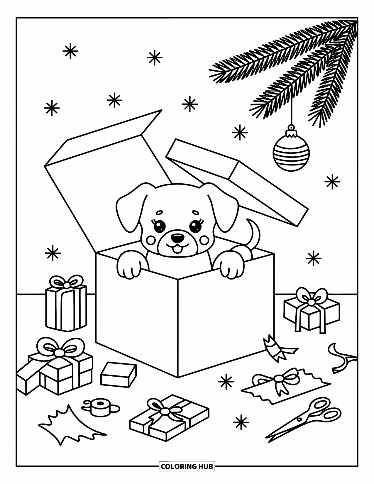 Christmas Puppy Coloring Page for Adults: A puppy sits inside a present surrounded by bows and wrapping paper