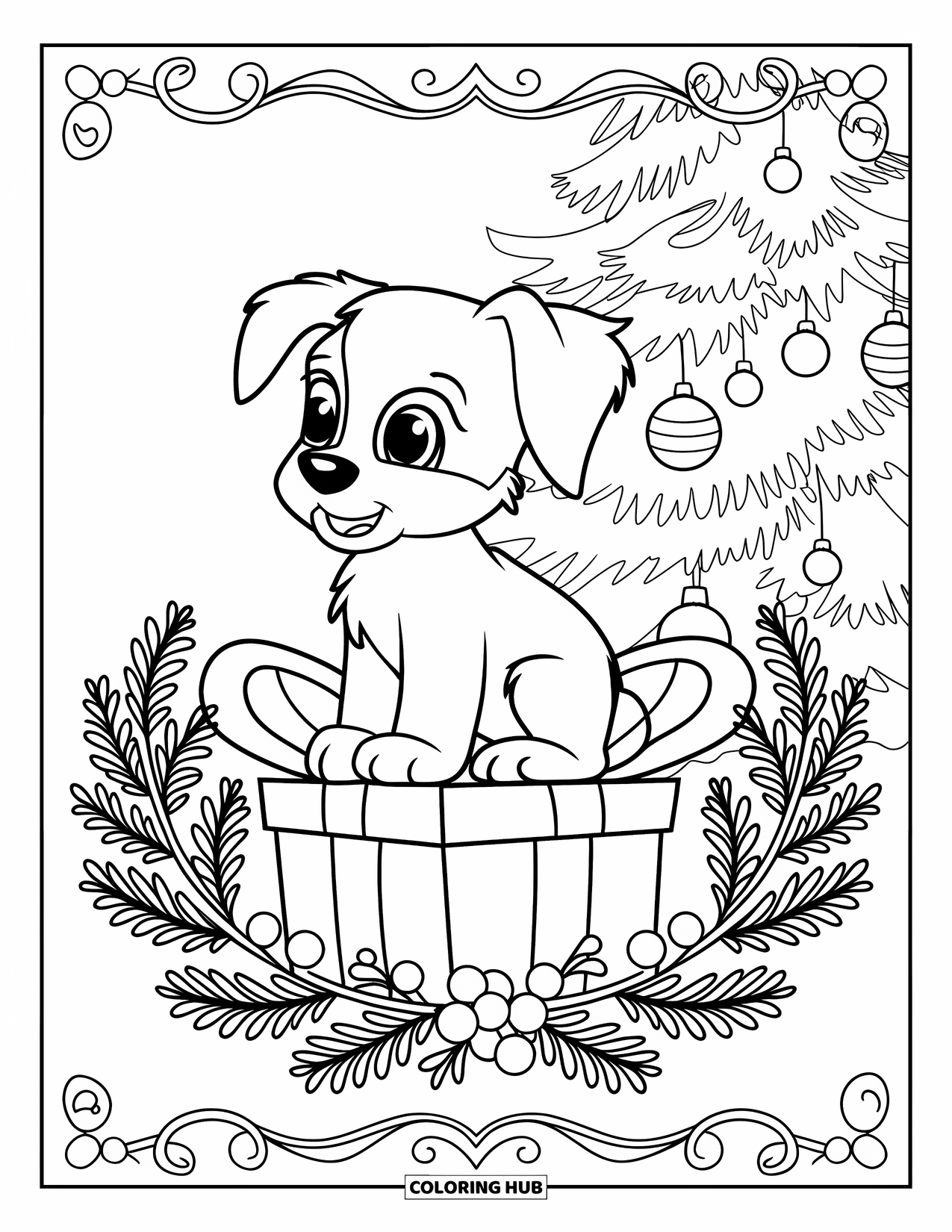 Christmas Puppy Coloring Page for Adults: A puppy sits on a gift box framed by fir branches and mistletoe