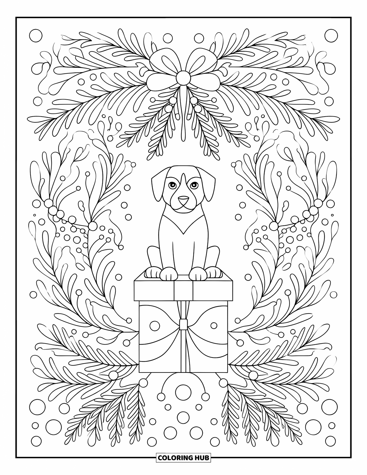 Christmas Puppy Coloring Page for Adults: A puppy sits on a gift box inside a detailed botanical design