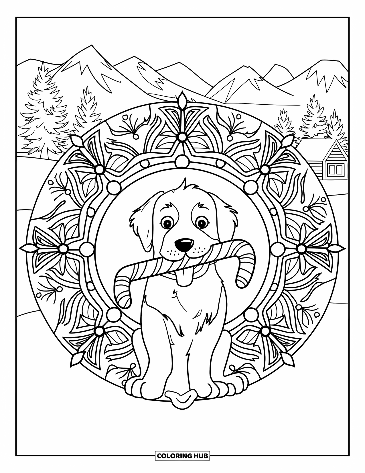Christmas Puppy Coloring Page for Adults: A puppy sits on snowy ground framed by a festive floral mandala