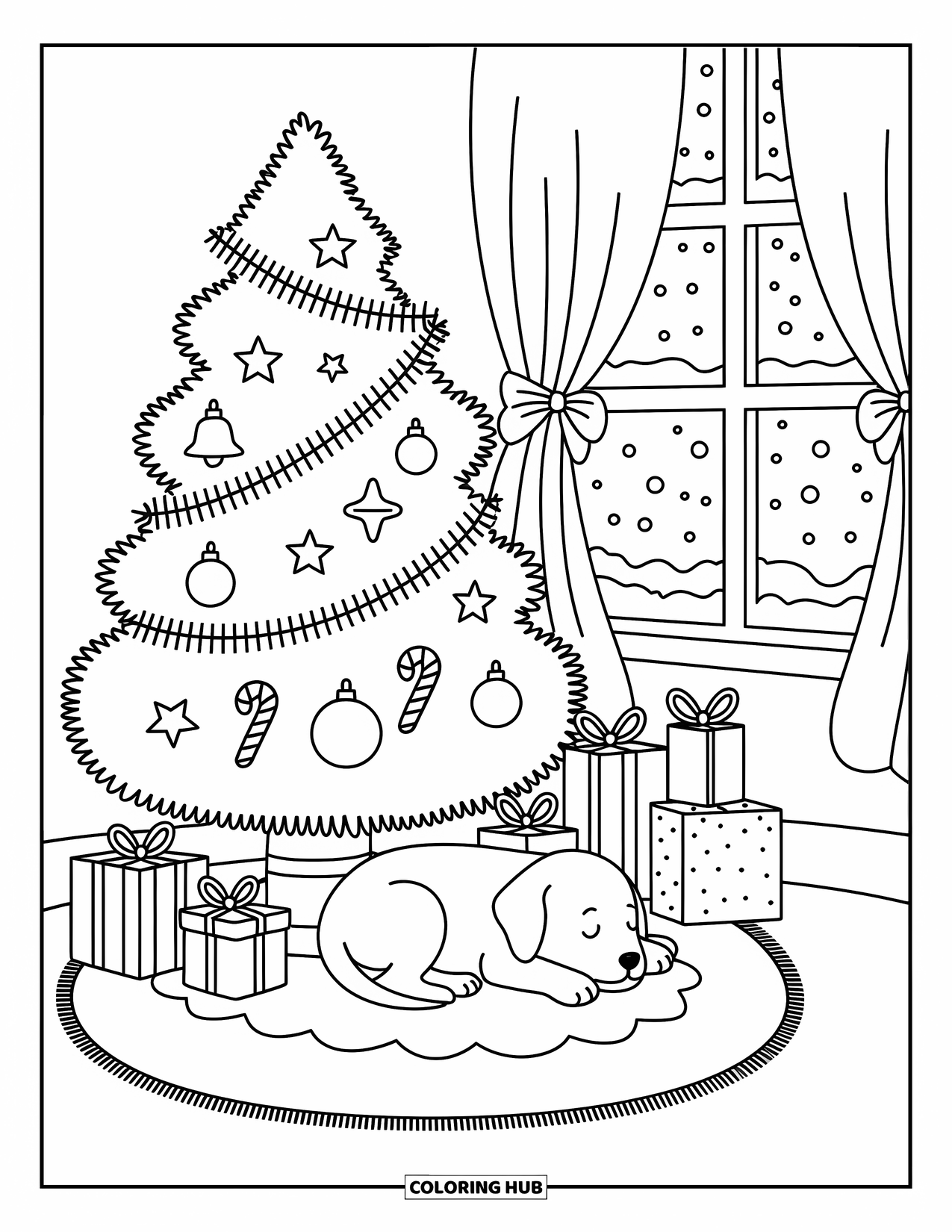 Christmas Puppy Coloring Page for Adults: A puppy sleeps on a rug under a Christmas tree filled with ornaments