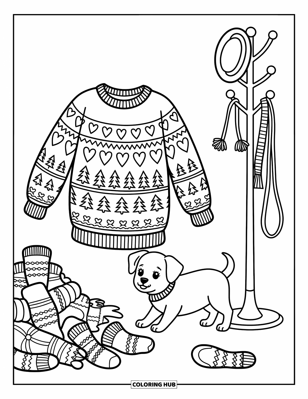 Christmas Puppy Coloring Page for Adults: A puppy struggles to walk in a giant Christmas sweater by a coat rack