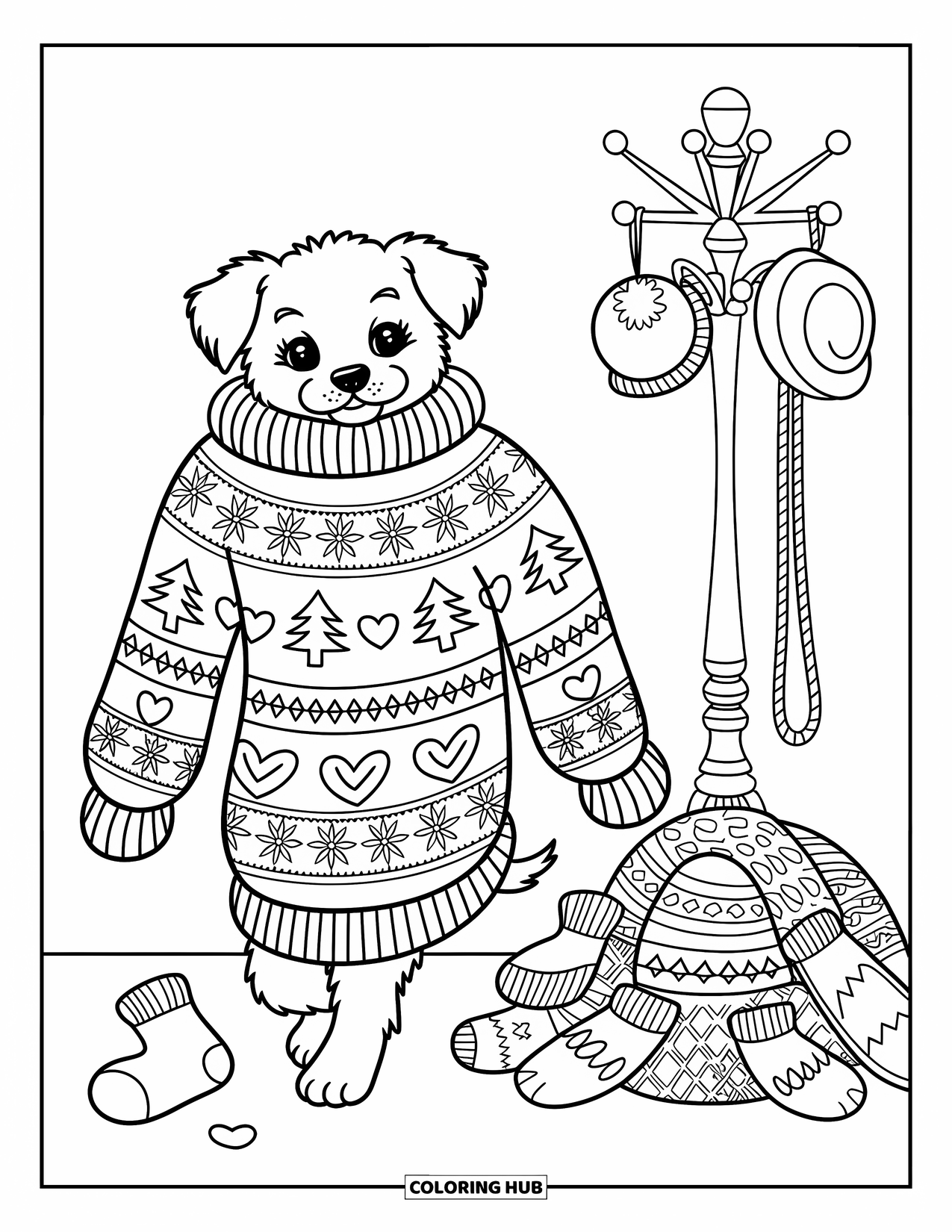 Christmas Puppy Coloring Page for Adults: A puppy stumbles in a sweater surrounded by mittens, scarves, and socks