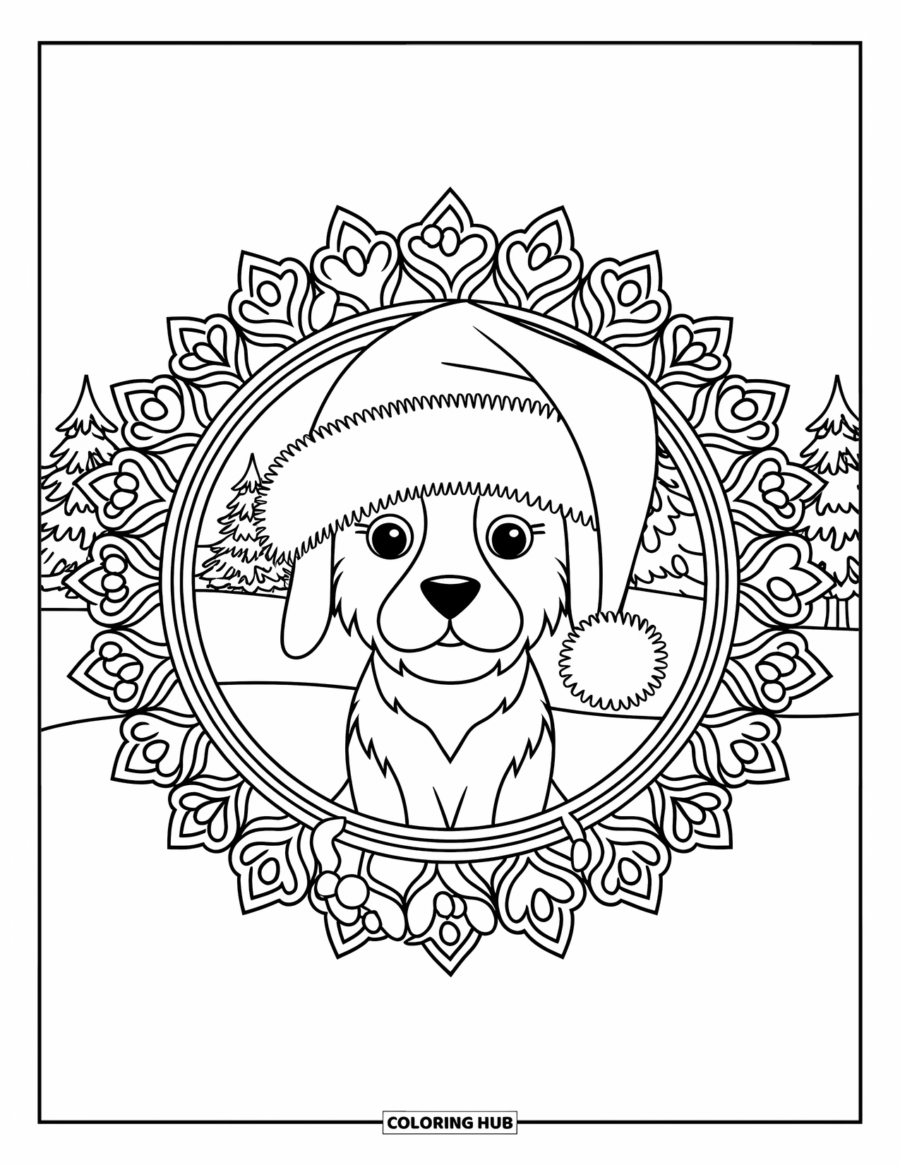 Christmas Puppy Coloring Page for Adults: A puppy with a Santa hat rests inside a holiday wreath mandala