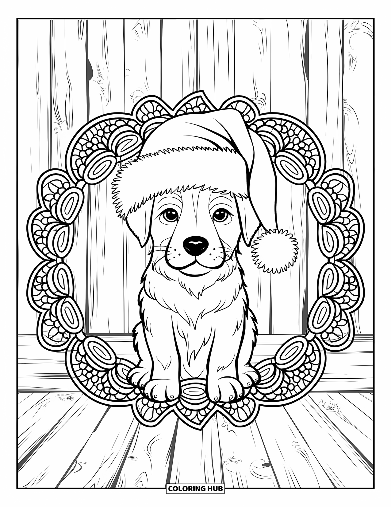 Christmas Puppy Coloring Page for Adults: A Santa-hat puppy sits on wooden floors framed by a festive mandala