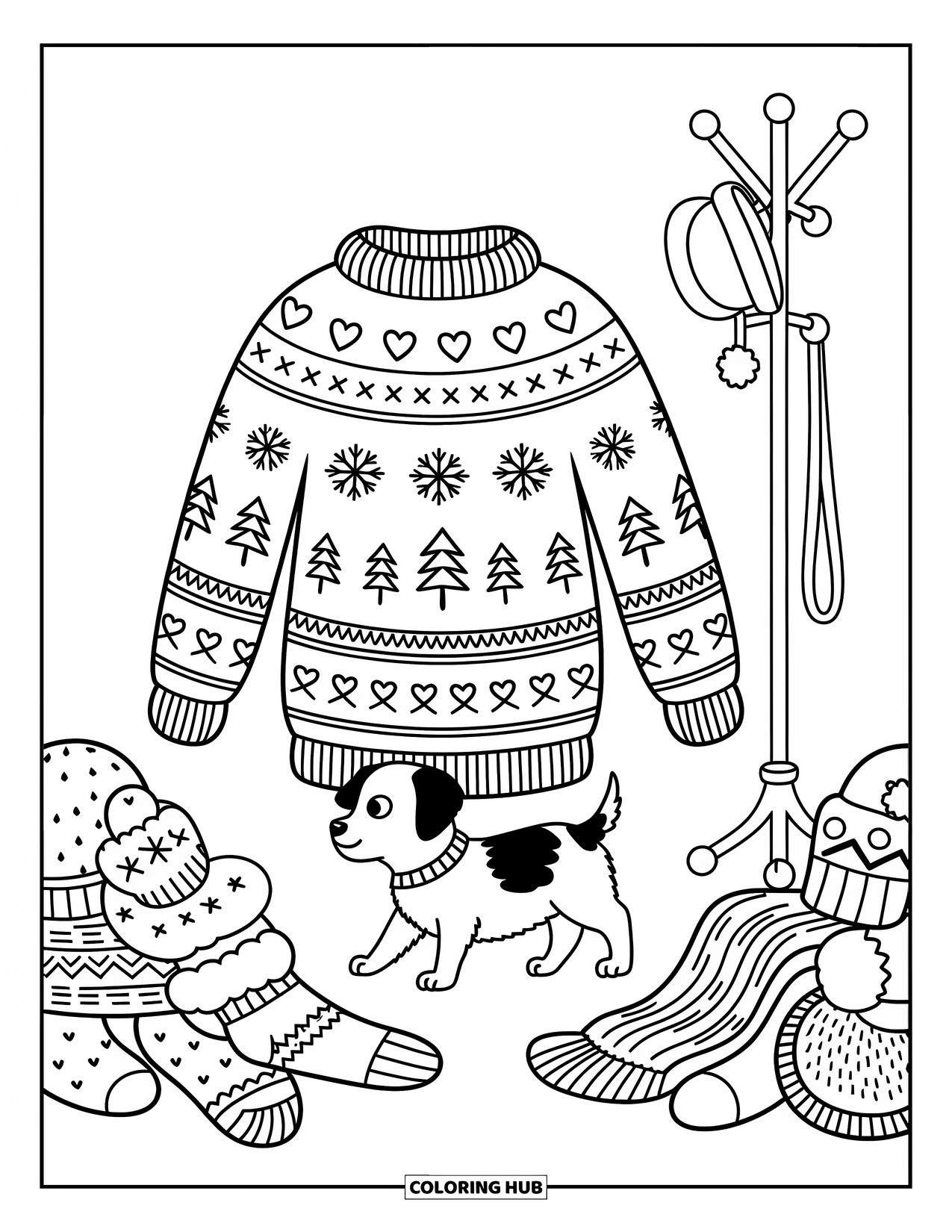 Christmas Puppy Coloring Page for Adults: A small puppy tries walking in an oversized sweater with festive patterns