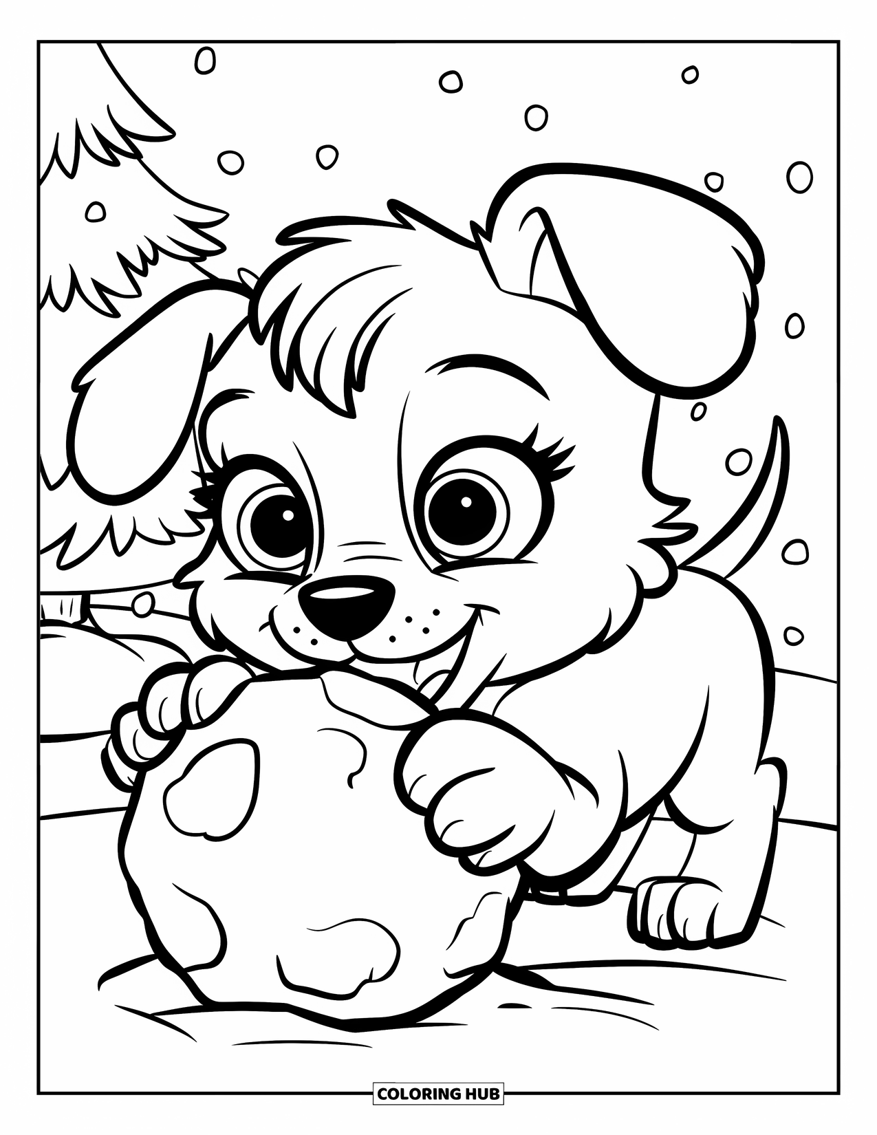 Christmas Puppy Coloring Page for Kids: A big-eyed puppy plays with a snowball outdoors in the snow