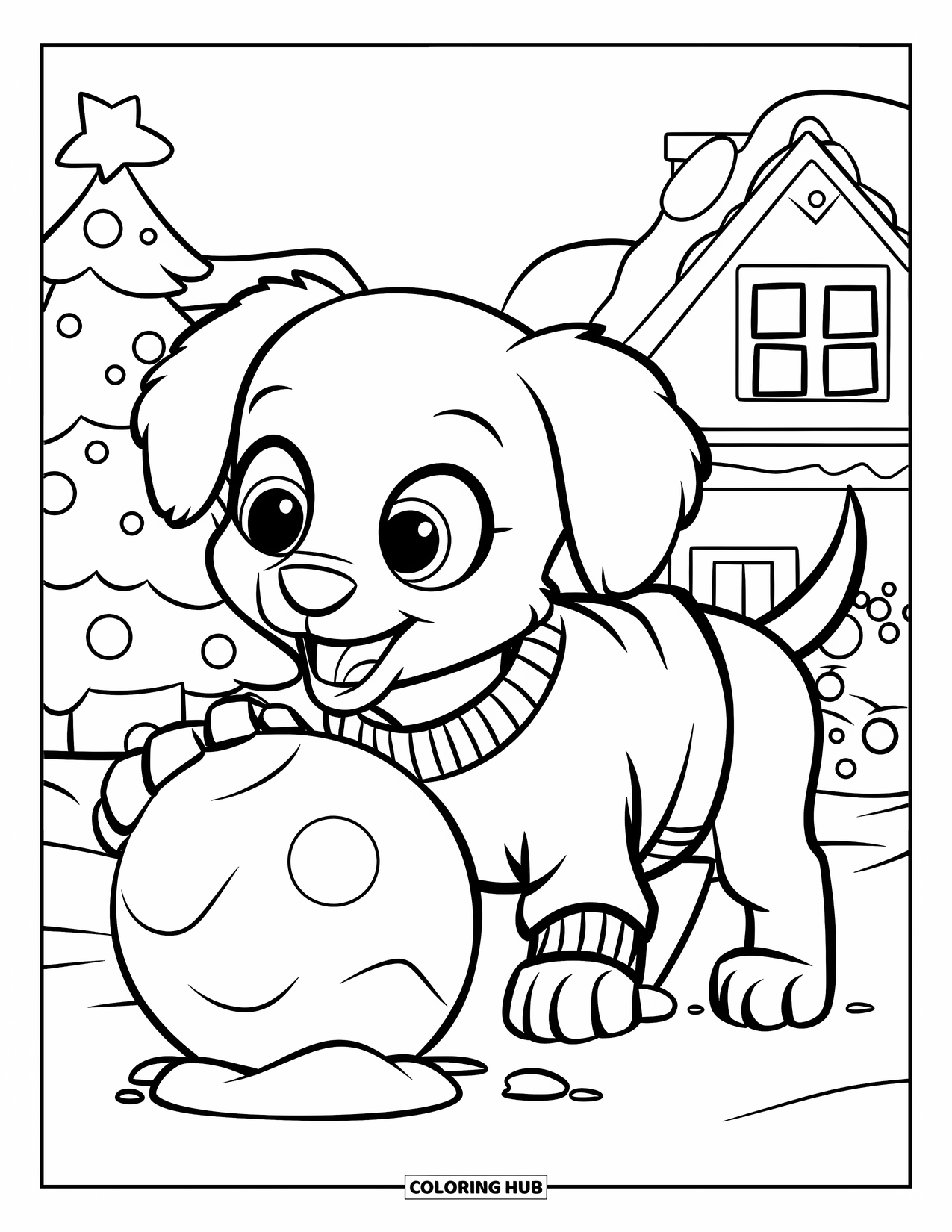 Christmas Puppy Coloring Page for Kids: A cheerful puppy in a sweater plays with a snowball by a tree