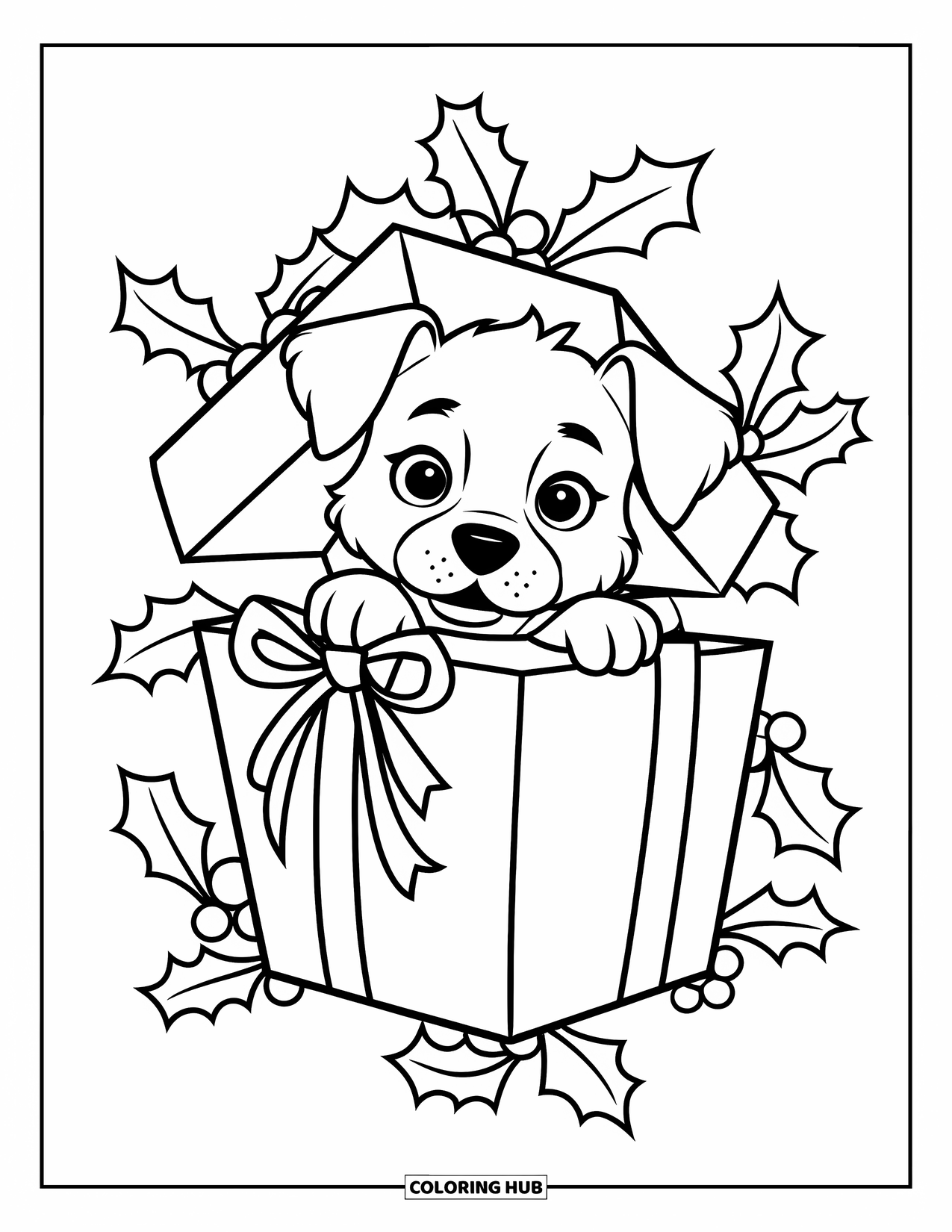 Christmas Puppy Coloring Page for Kids: A curious puppy peeks out from a wrapped present with holly