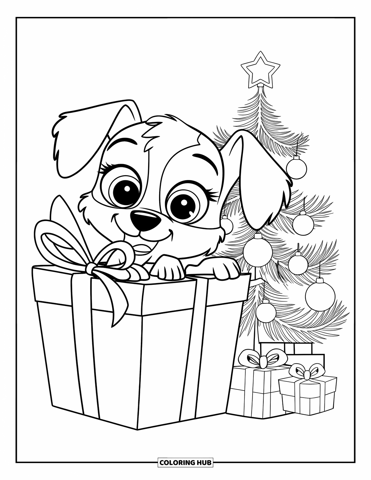 Christmas Puppy Coloring Page for Kids: A floppy-eared puppy peeks from a gift beside a Christmas tree