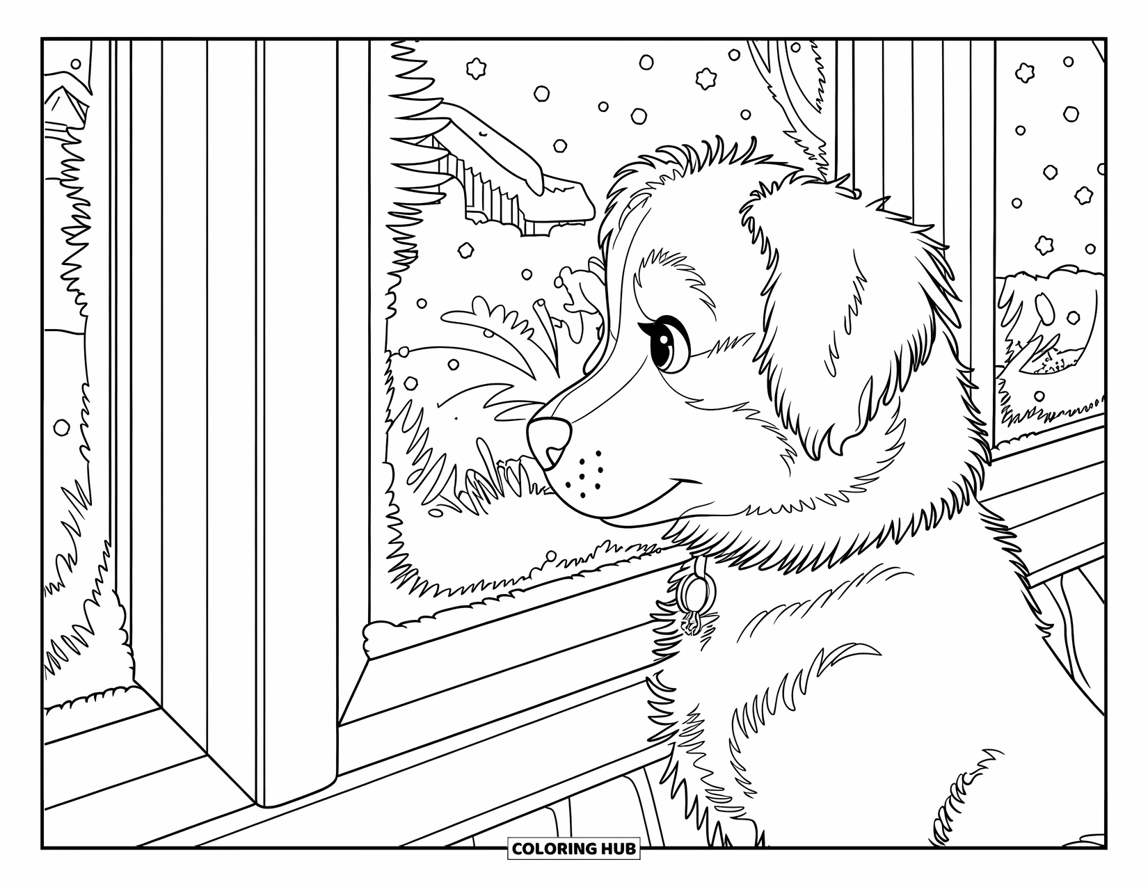 Christmas Puppy Coloring Page for Kids: A fluffy puppy gazes at snow through a frosty window