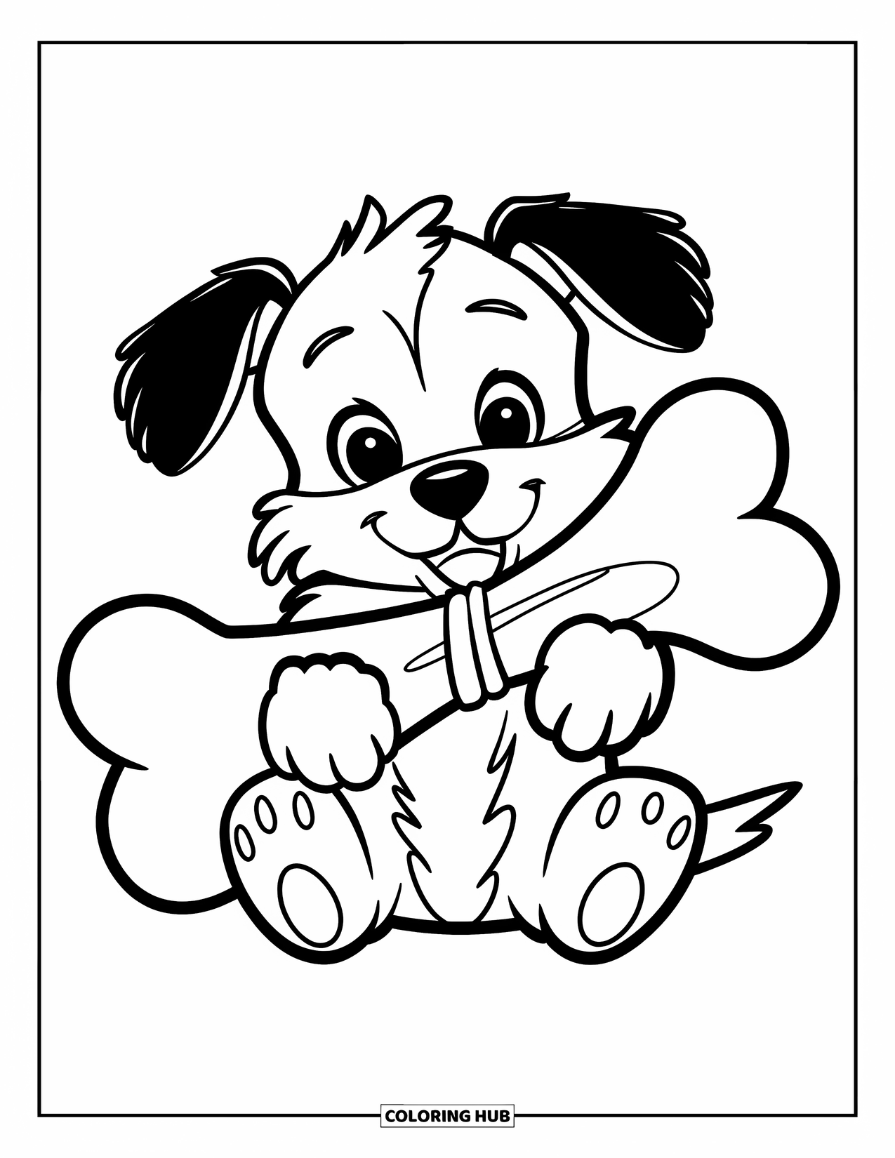 Christmas Puppy Coloring Page for Kids: A fluffy puppy sits with a bone wrapped in a shiny ribbon